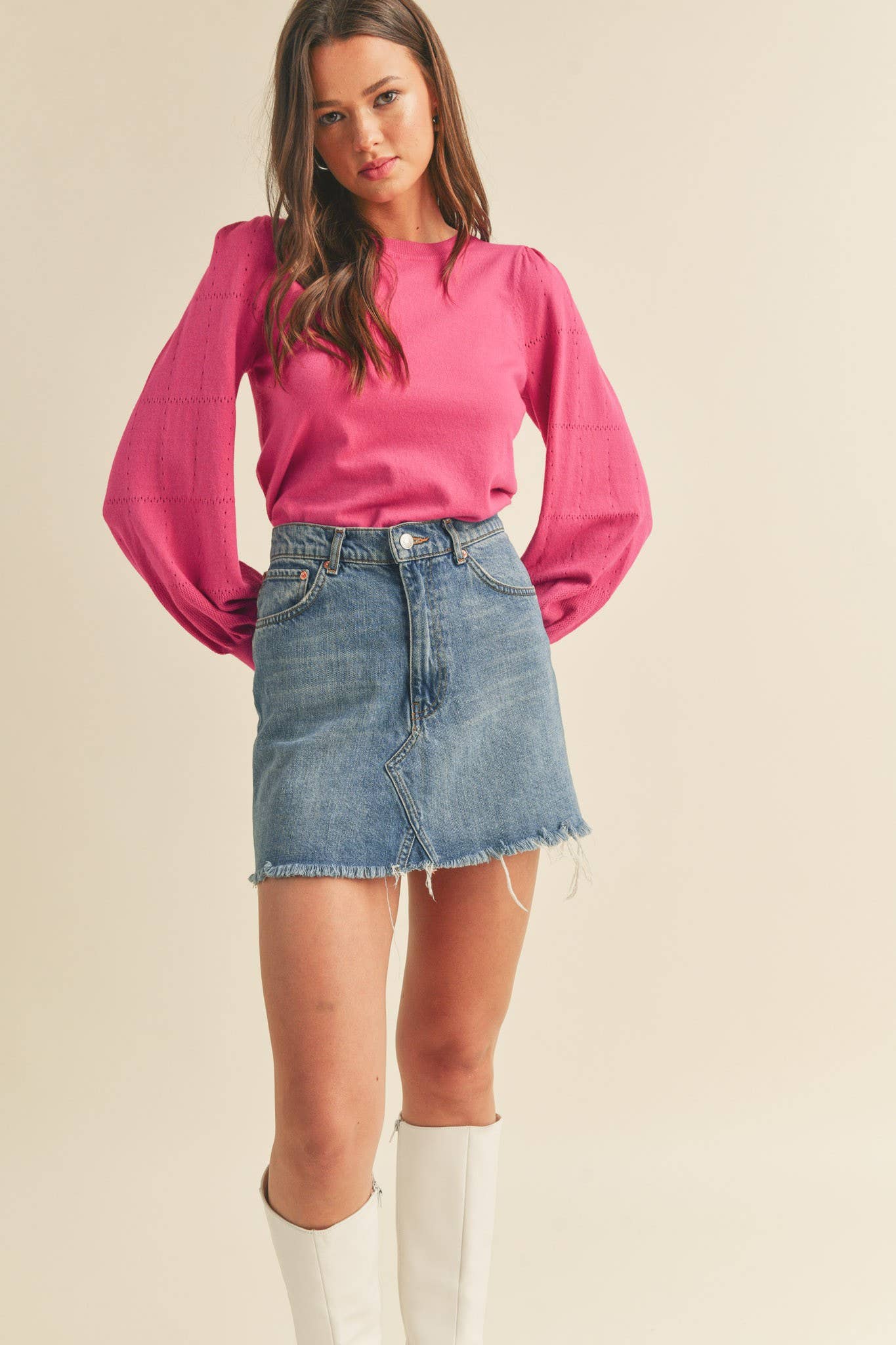 POINTELLE PUFF SLEEVE SWEATER MSW10115