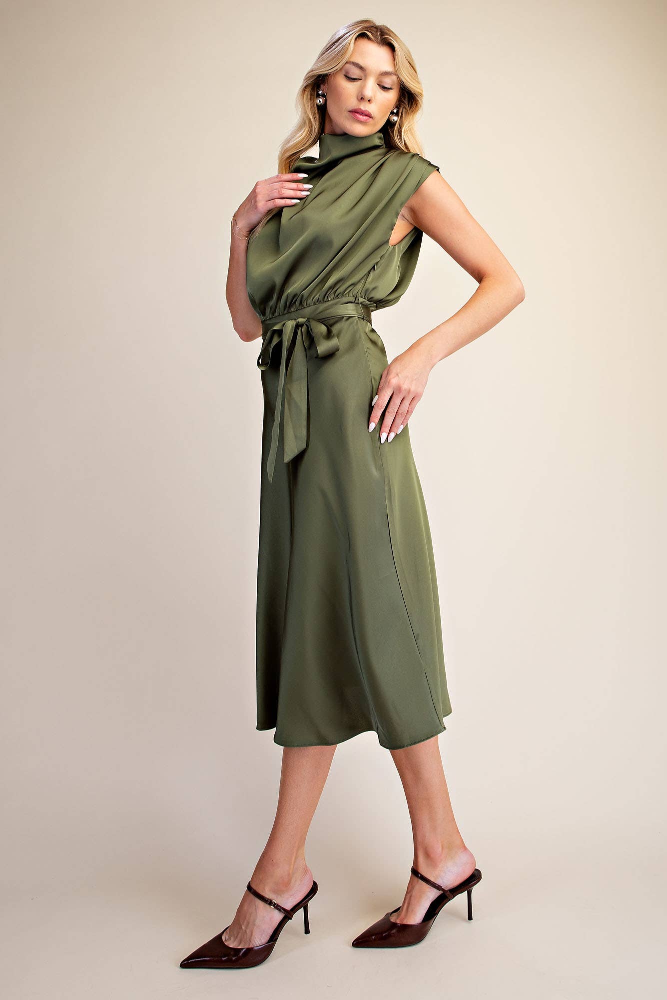 Waist Tie Sleeveless Midi Dress with Cowl Neck