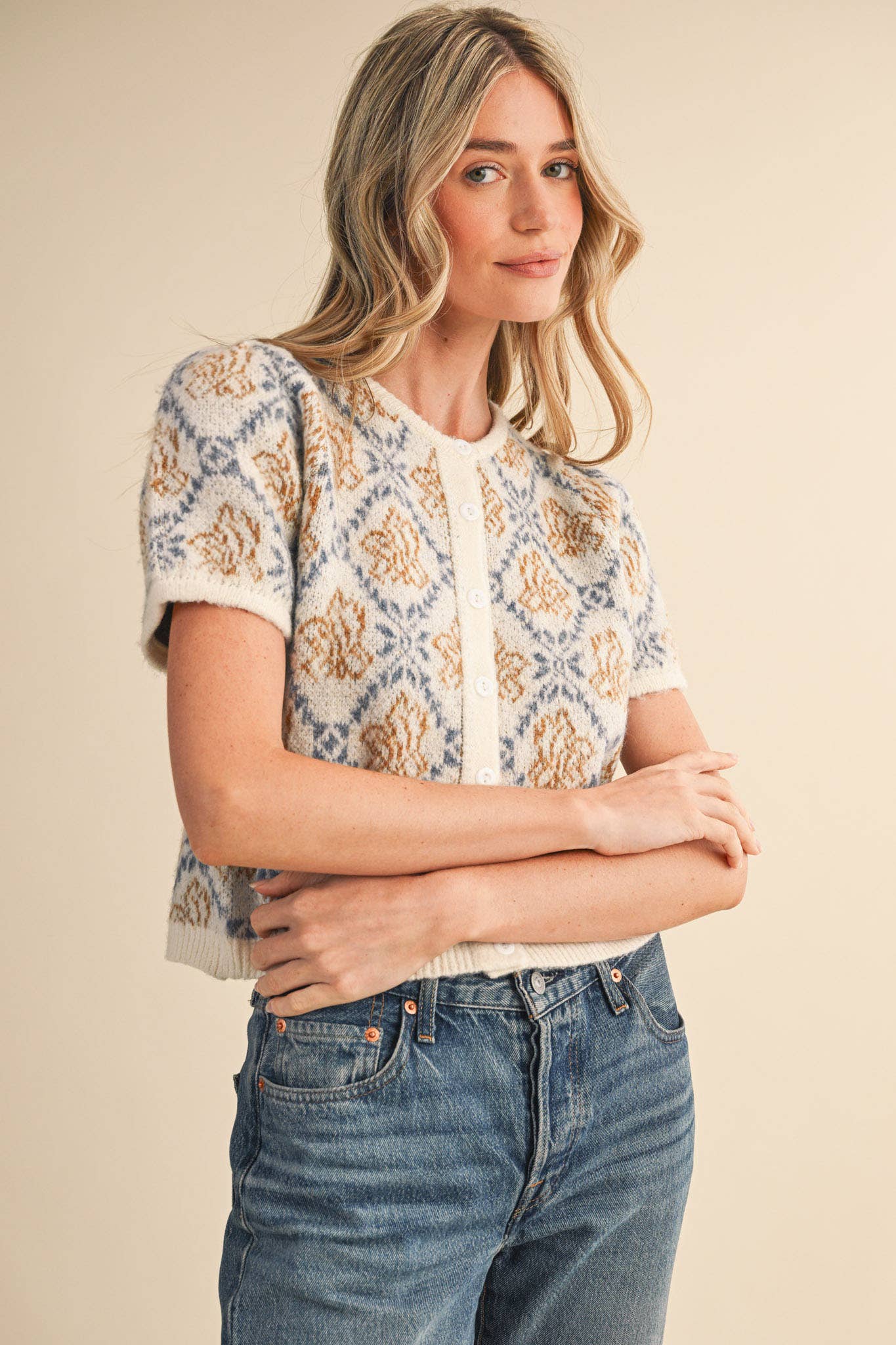 FLORAL SHORT SLEEVE SWEATER CARDIGAN Cream/Blue