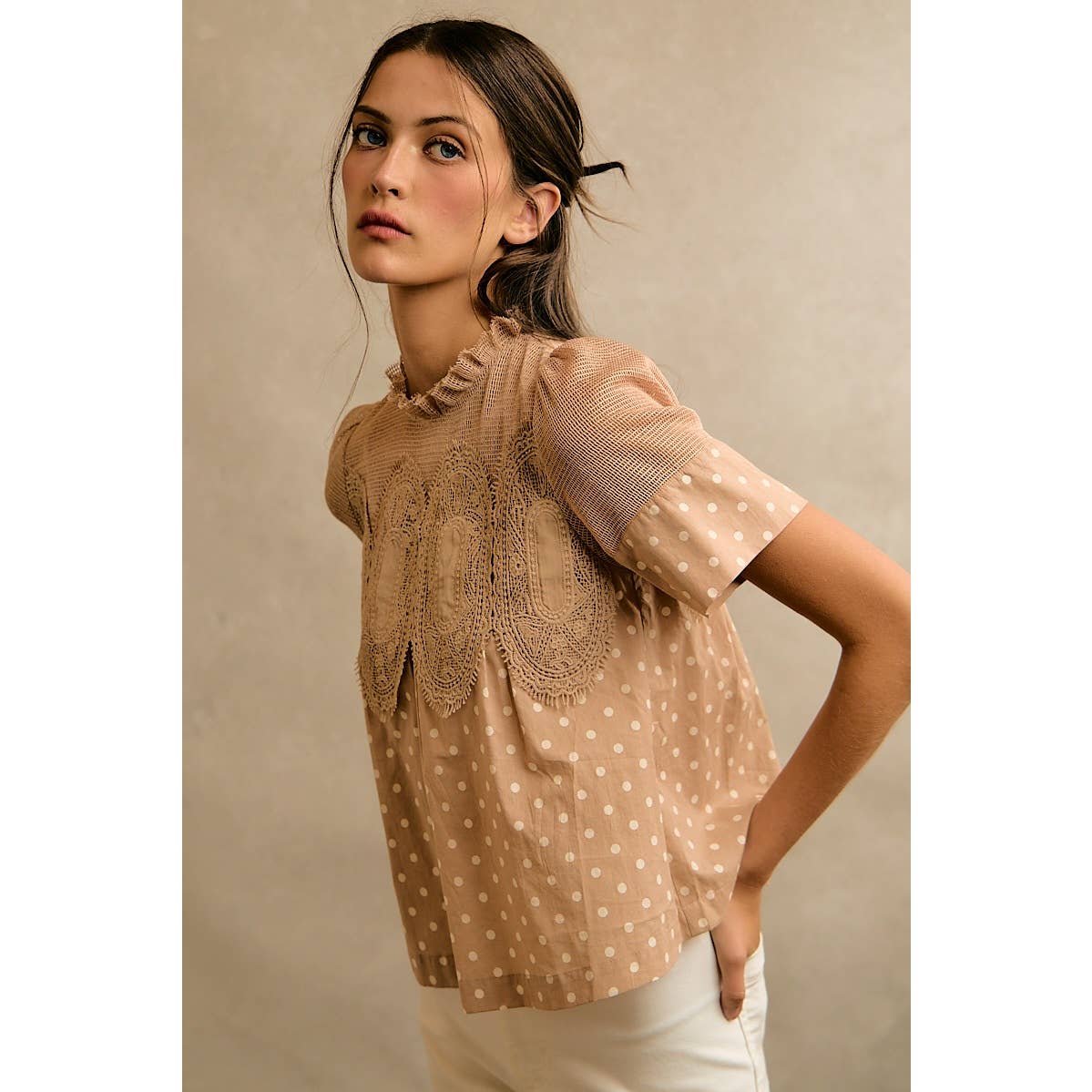 POLKA DOT PRINT LACE TRIM SHORT SLEEVES COTTON BLOUSE TOP