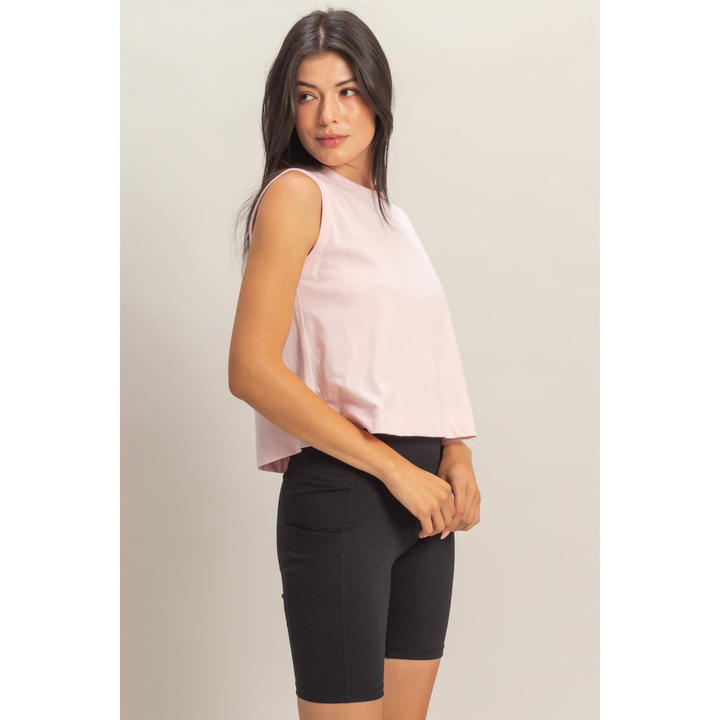 Sleeveless Crew Neck Top With Back Pleats