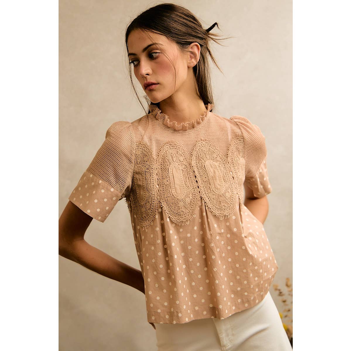 POLKA DOT PRINT LACE TRIM SHORT SLEEVES COTTON BLOUSE TOP