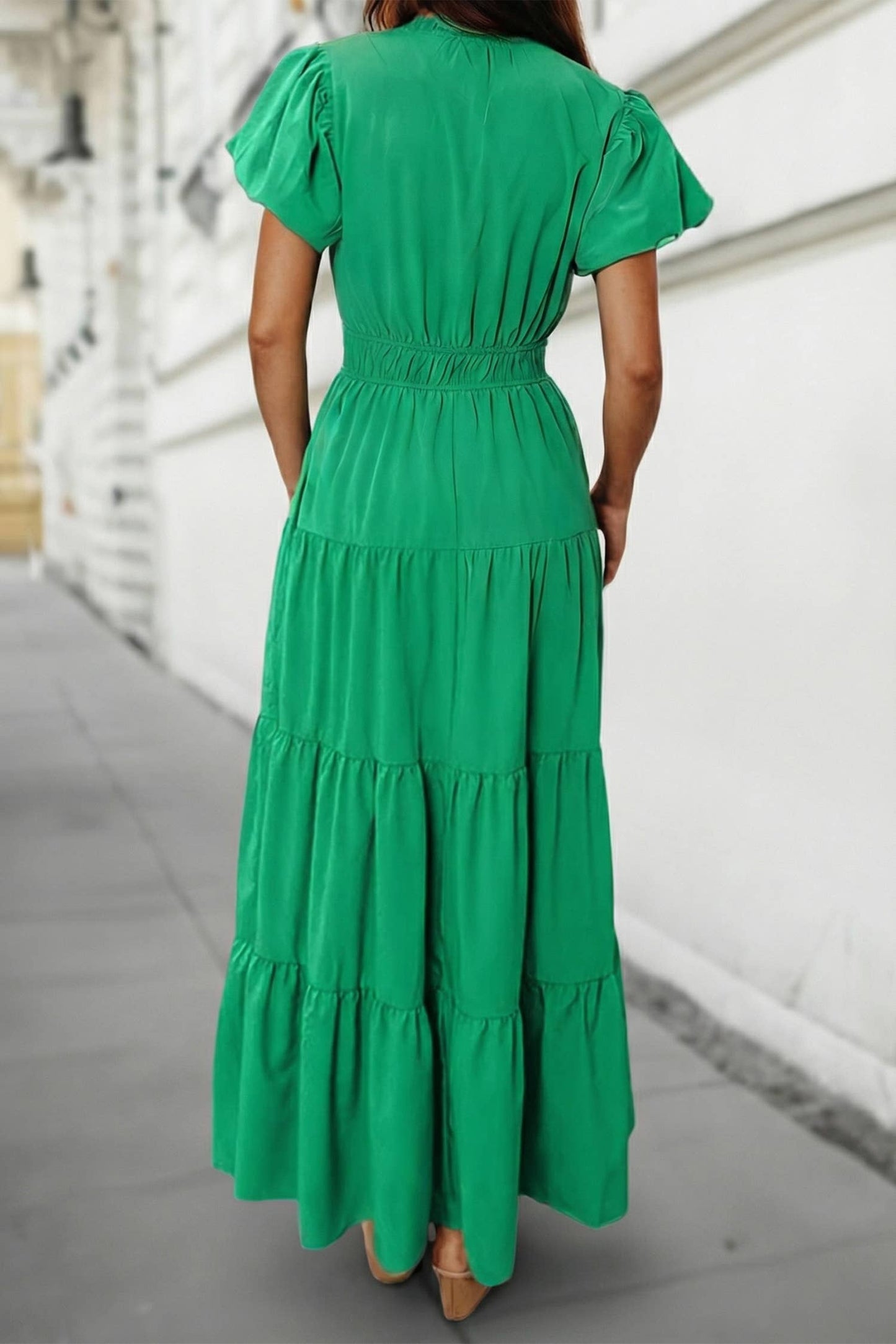 Solid V Neck Short Puff Sleeve Tiered Maxi Dress | S-XL