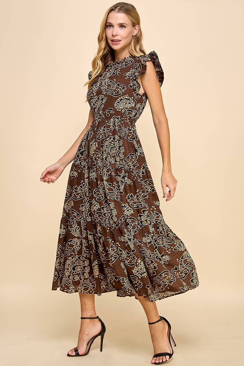Print Ruffle Sleeve Back Keyhole Dress