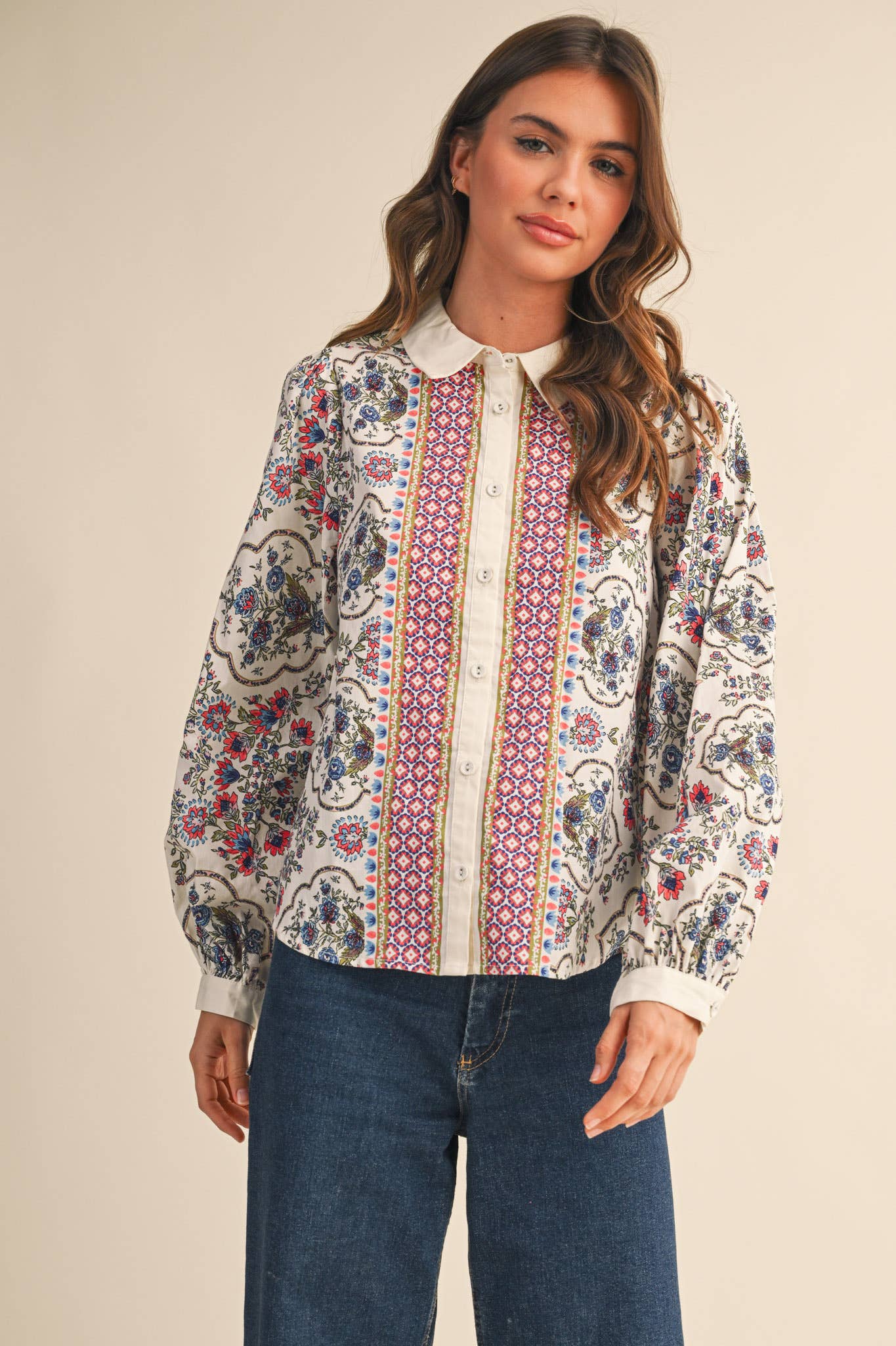 EXCLUSIVE FLORAL BORDER PRINT BUTTON UP TOP
