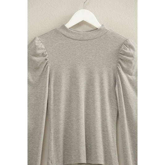 Elegant Puff-Sleeve Fitted Top With Keyhole Back Grey