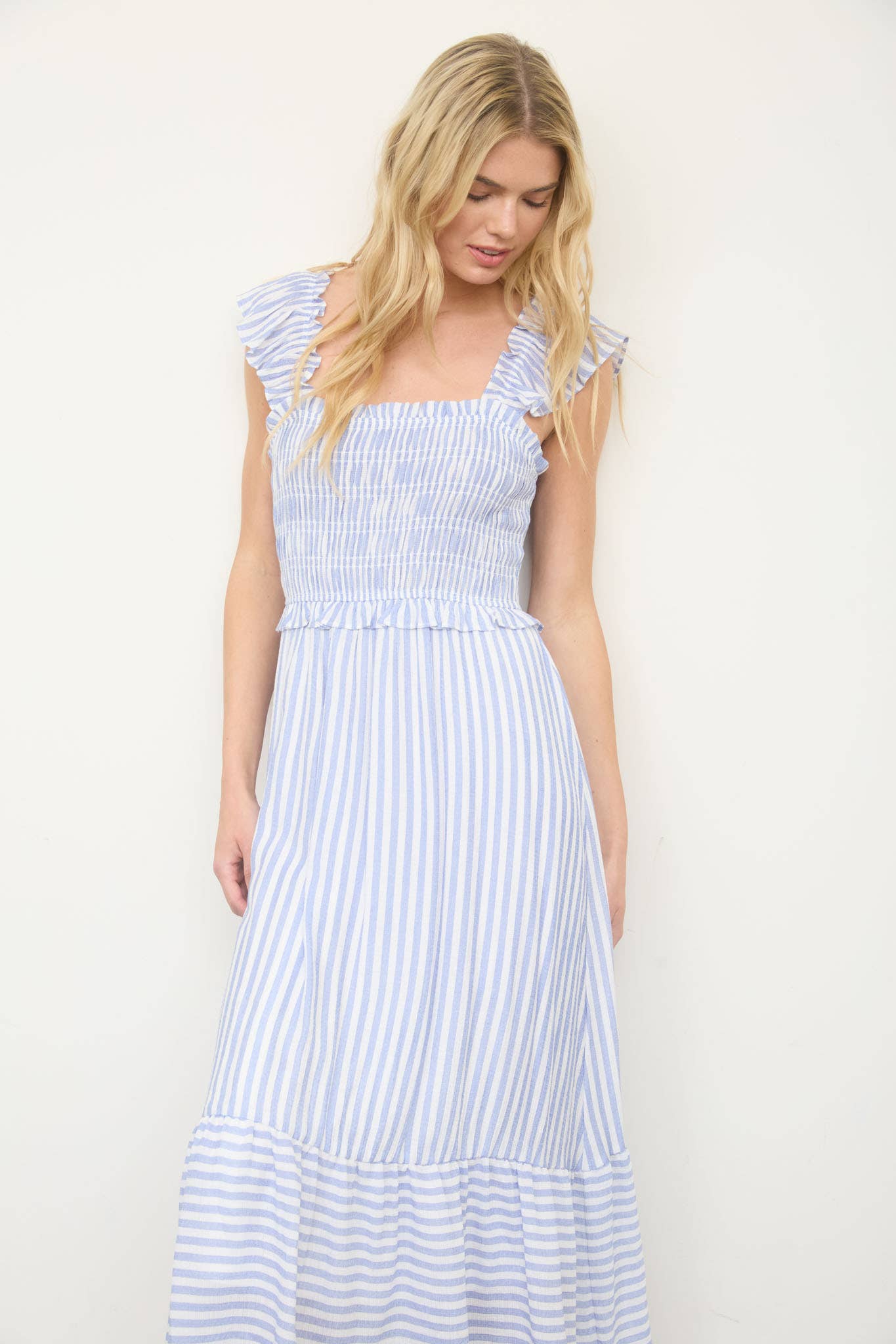 STRIPE SMOCKED RUFFLE TRIM MIDI DRESS