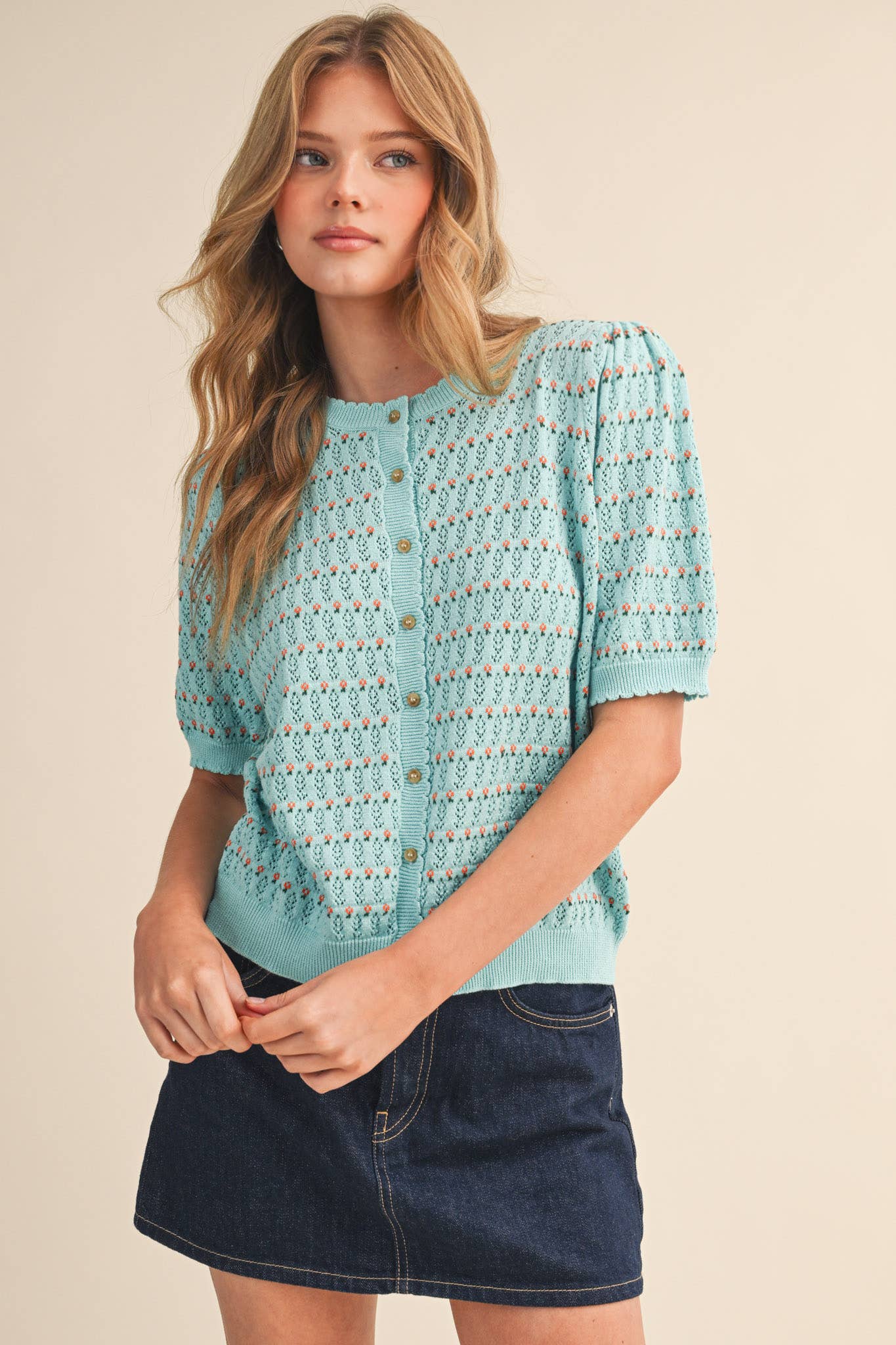 POINTELLE SHORT PUFF SLEEVE BUTTON DOWN SWEATER MSW11254