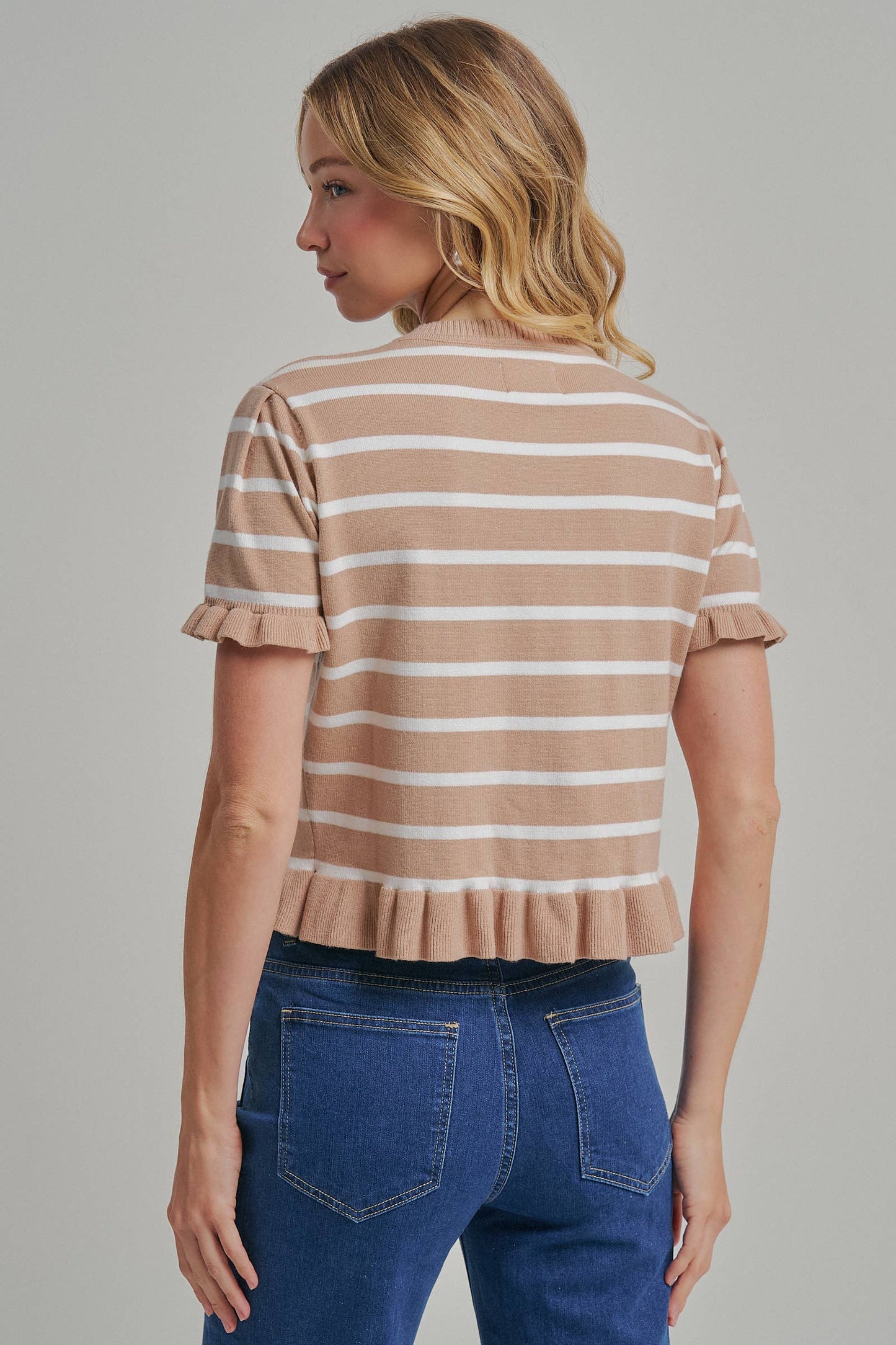 STRIPE KNITTED SWEATER BUTTON DOWN CARDIGAN TOP WITH RUFFLE