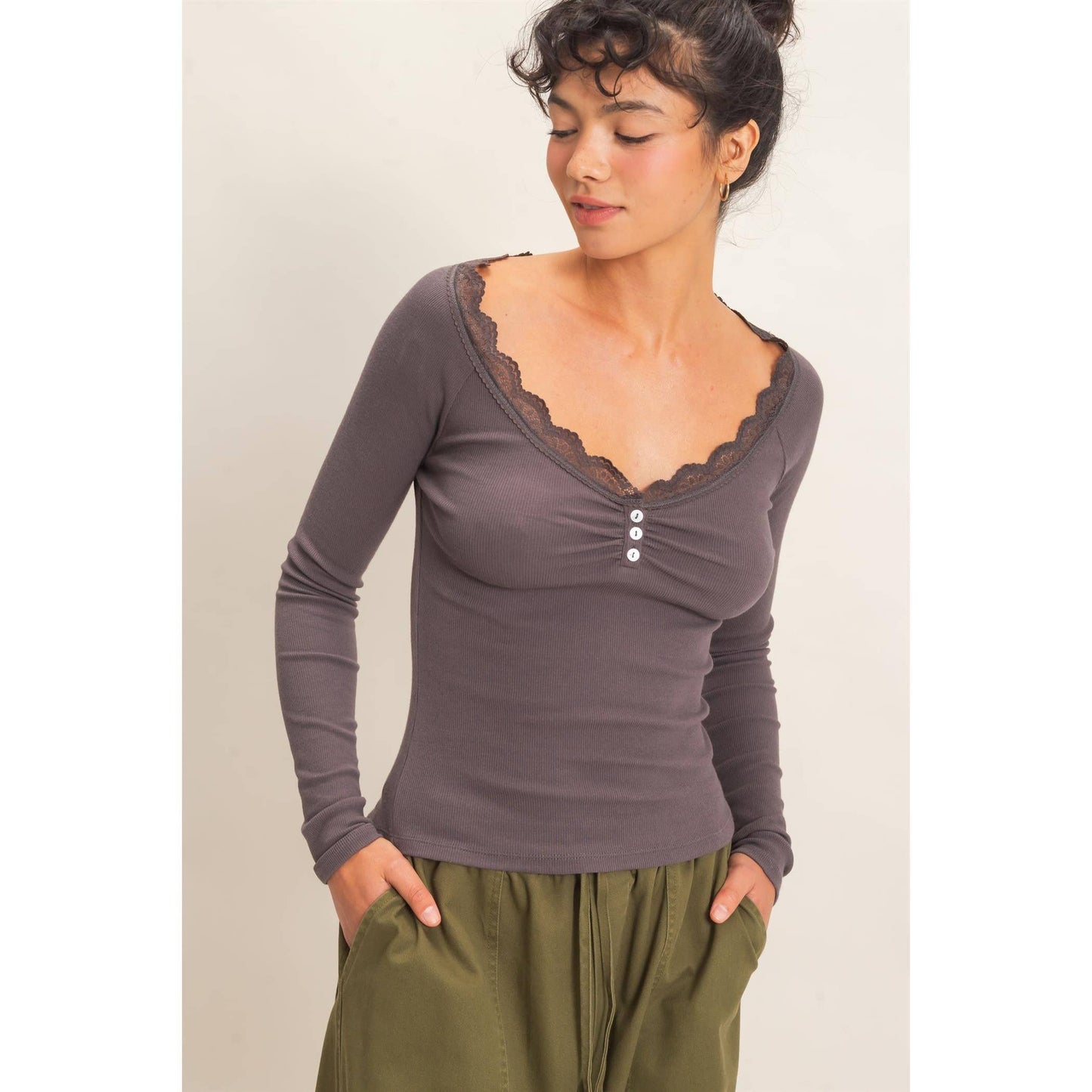 Lace-Trim Henley Top