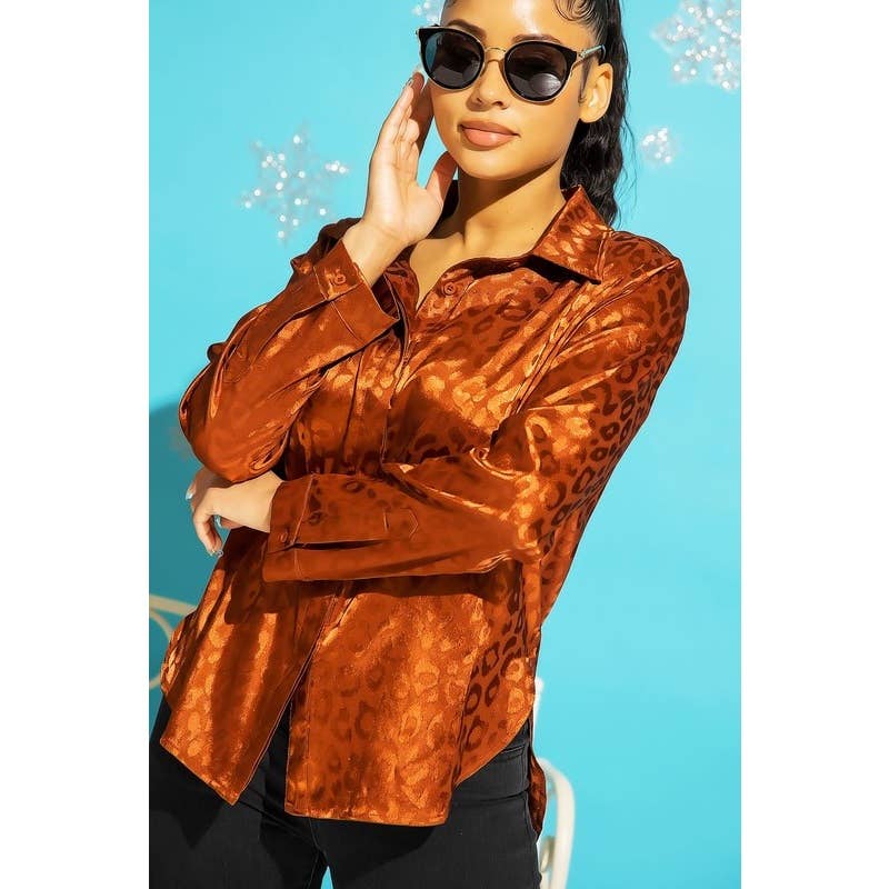 SATIN LEOPARD PRINT BUTTON DOWN TOP