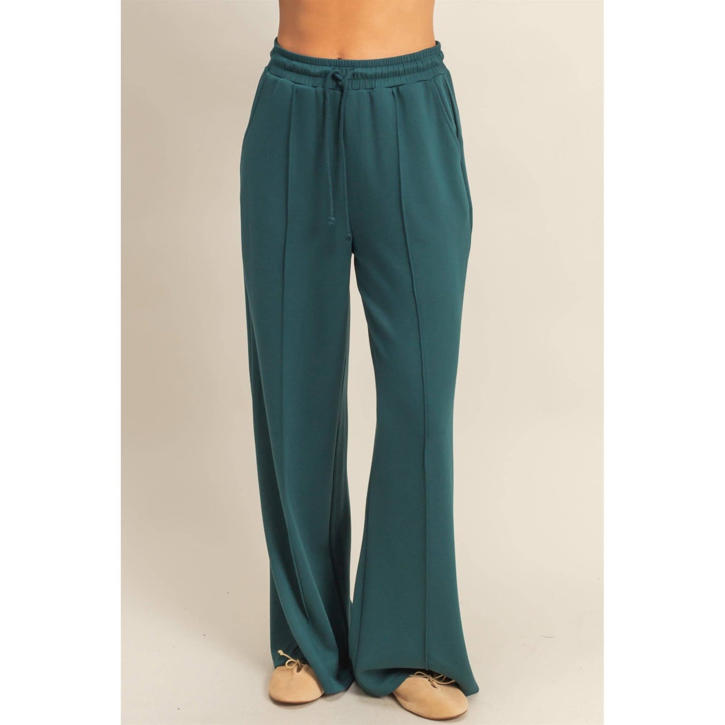 Scuba High-Waist Drawstring Pintuck Wide Leg Pants