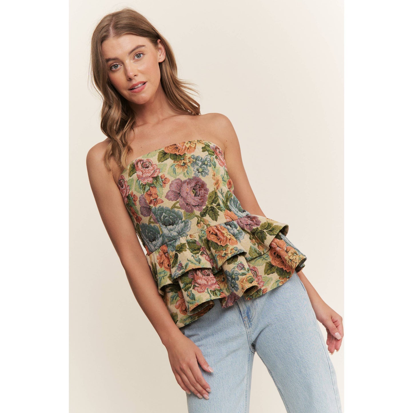 VINTAGE FLORAL PRINT WOVEN PEPLUM TIERED TUBE TOP