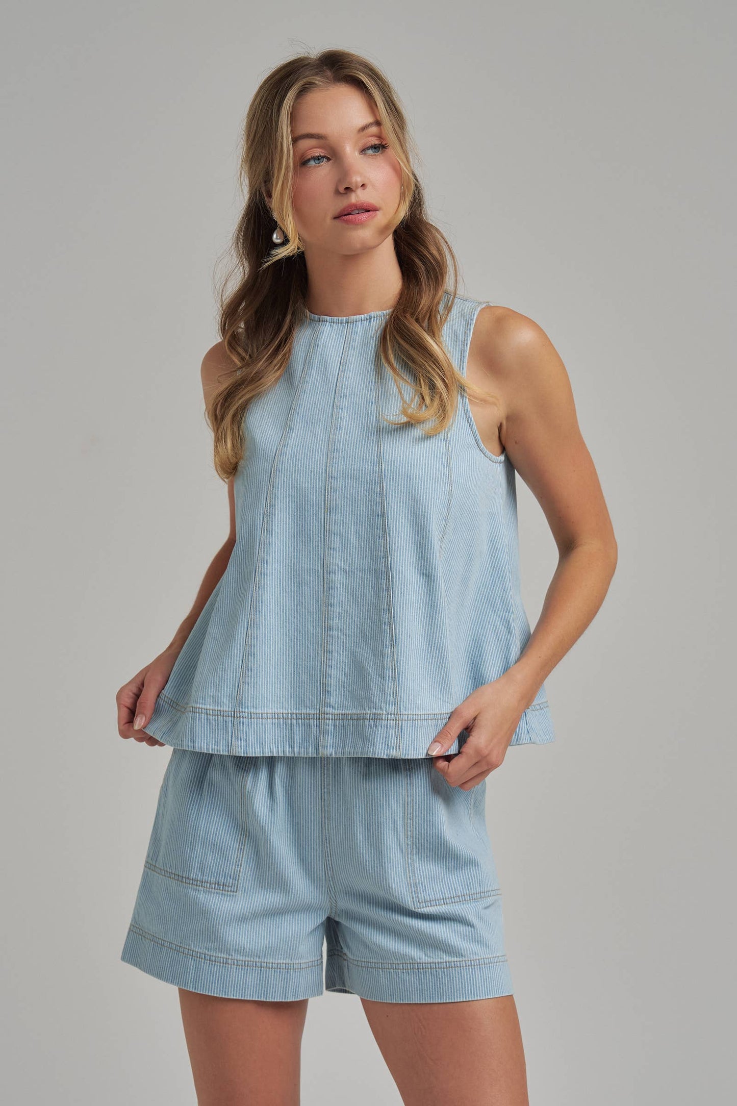 SLEEVELESS PIN STRIPE DENIM TOP AND MATCHING SHORTS SET