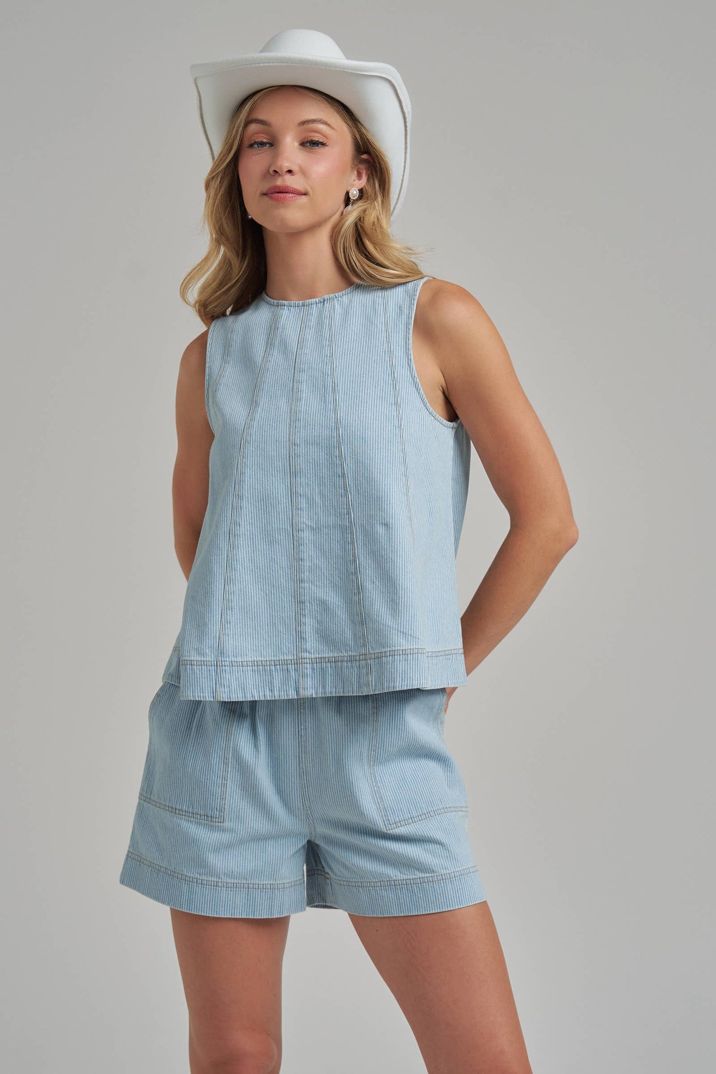 SLEEVELESS PIN STRIPE DENIM TOP AND MATCHING SHORTS SET