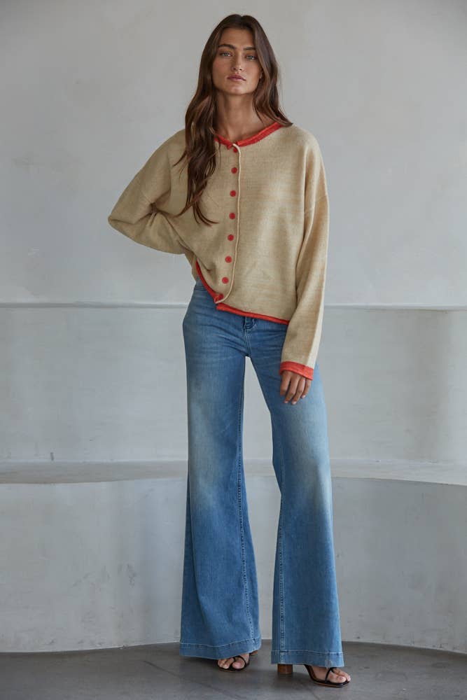 Knit Sweater Crew Neck Cardigan Beige
