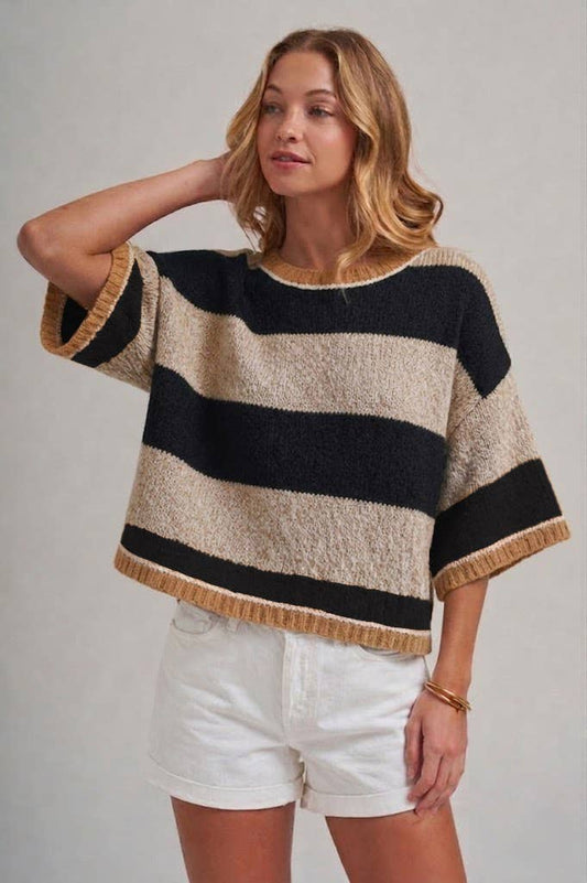WIDE STRIPE LOOSE FIT DROP SHOULDER SWEATER TOP