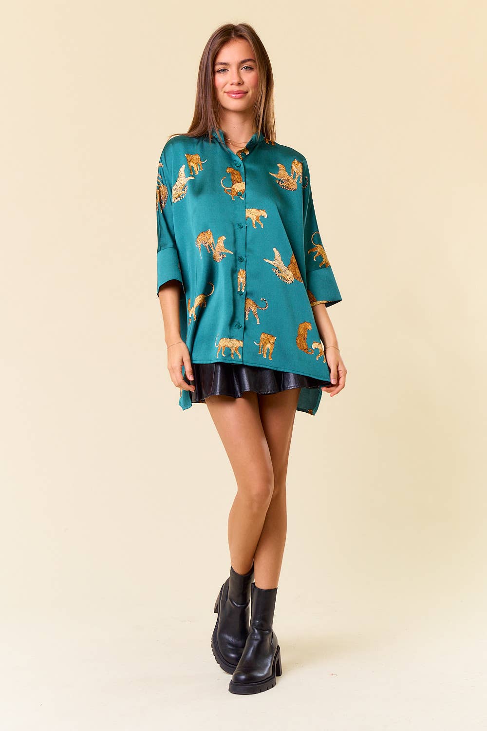 Animal Print 3/4 Sleeve Button Down Oversize Shirt