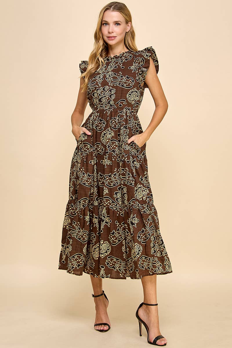 Print Ruffle Sleeve Back Keyhole Dress