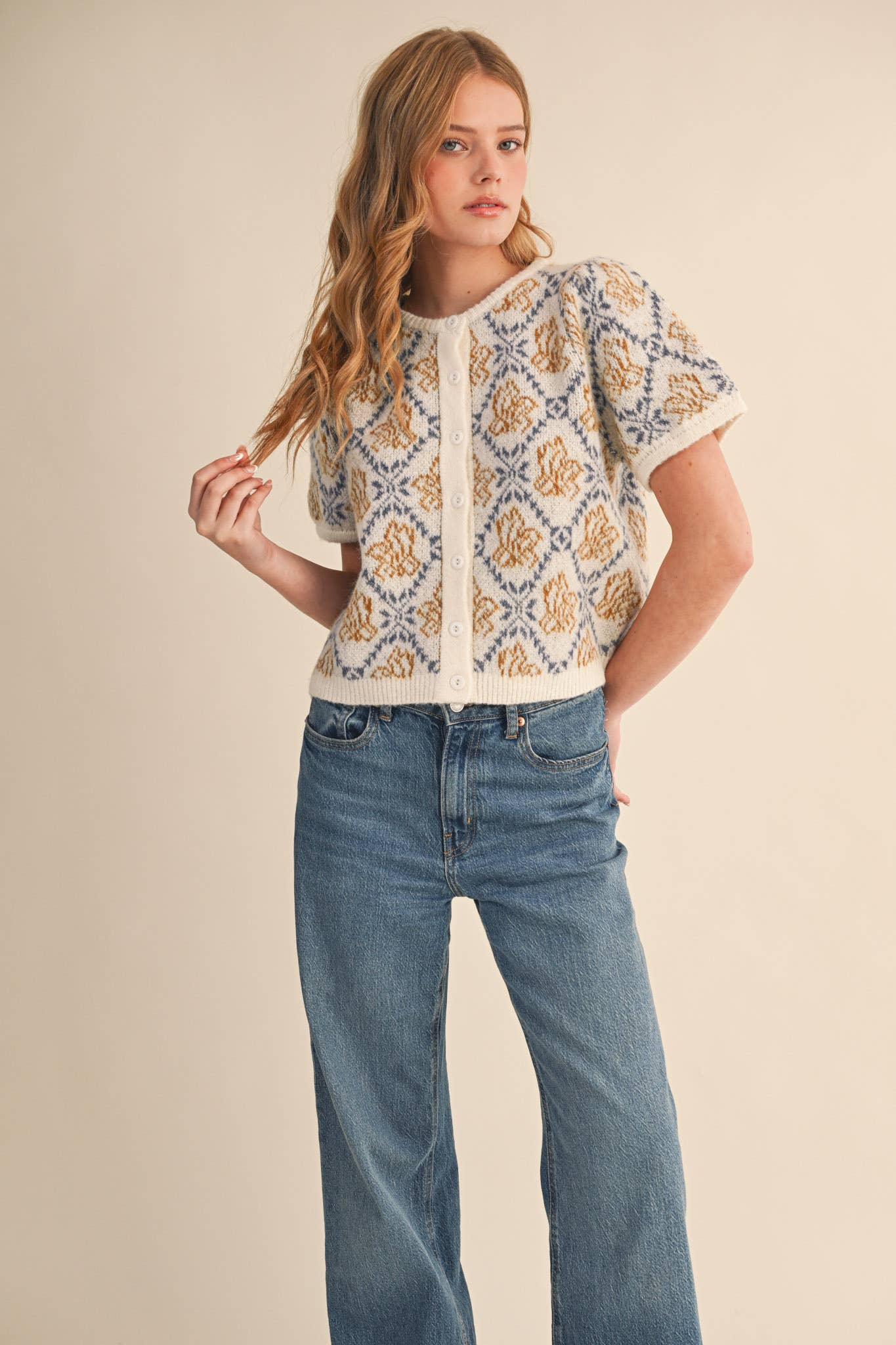FLORAL SHORT SLEEVE SWEATER CARDIGAN Cream/Blue