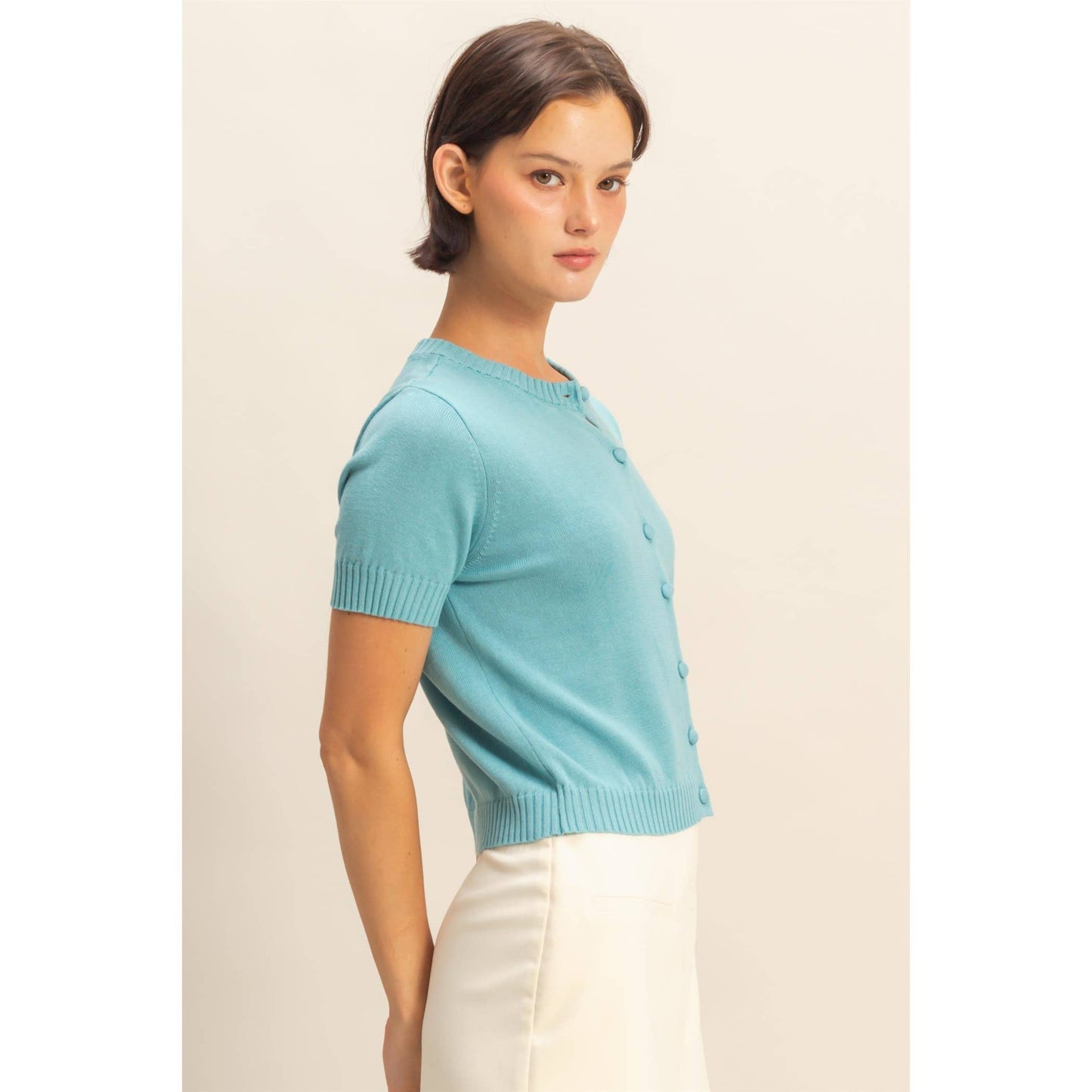 Crew Neck Short Sleeve  Buttoned Cardigan Blue