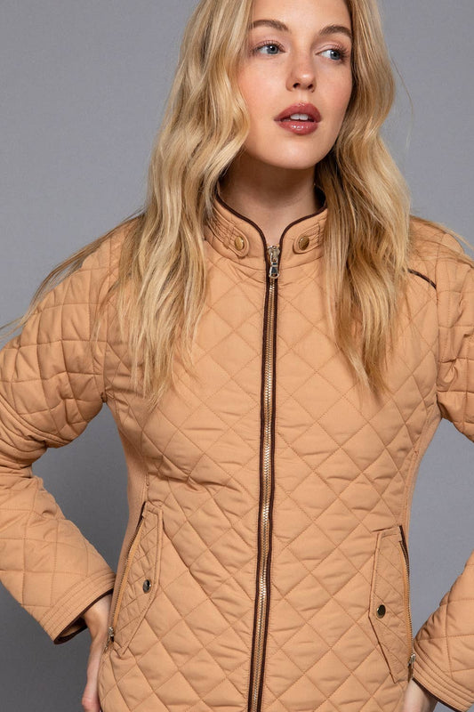 Suede Piping Detail Rib Quilted Padding Jacket