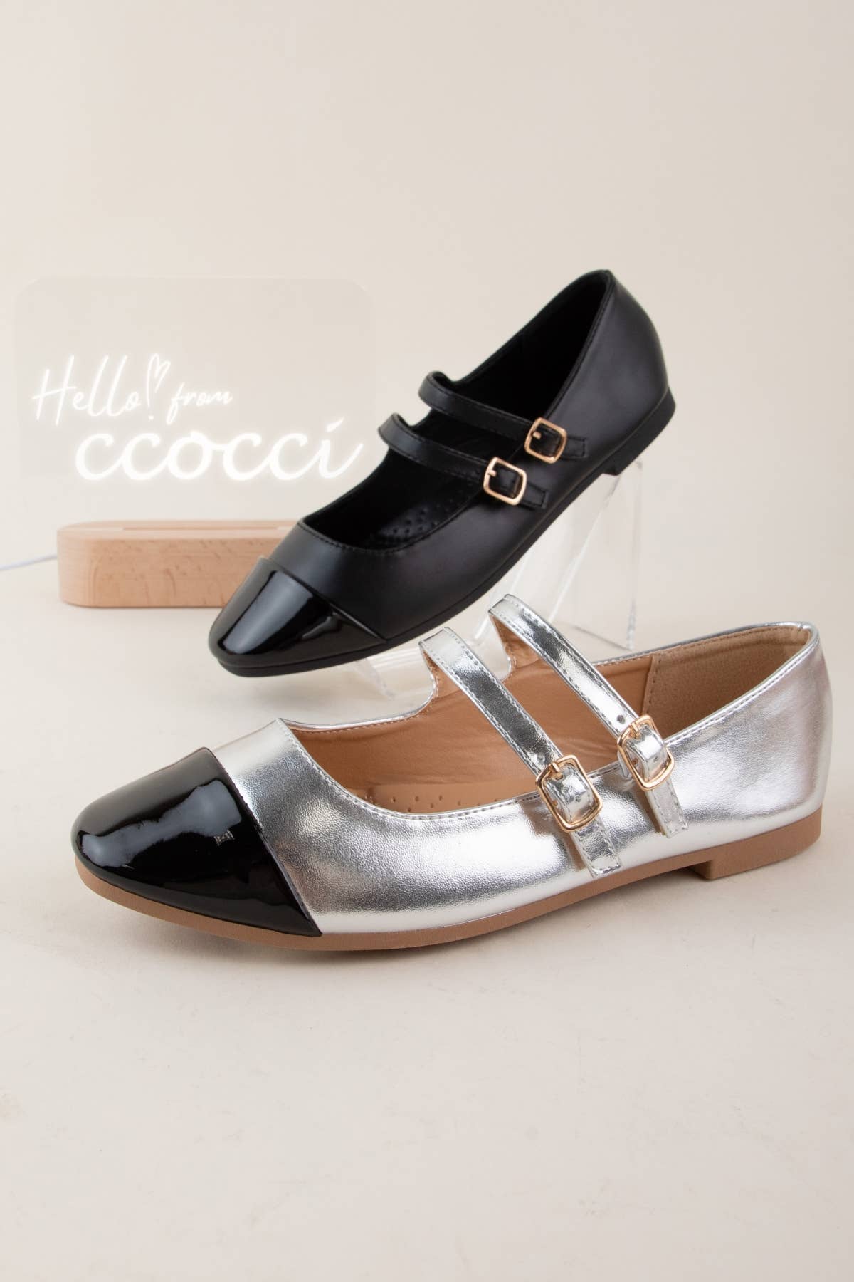 DOUBLE STRAP CAP TOE MARY JANE FLATS BLACK