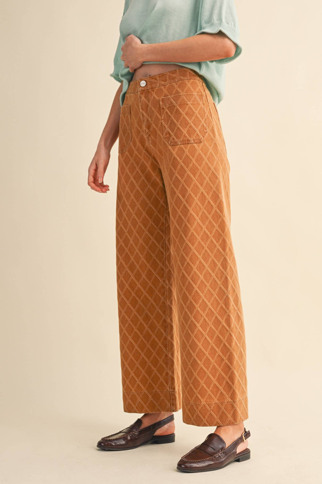 HIGH WAIST DIAMOND QUILTED TEXTURE WIDE LEG PANTS