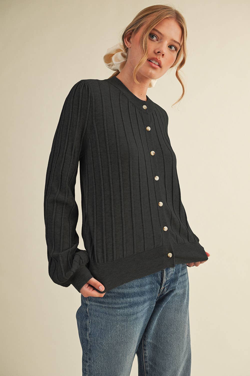 RIBBED SWEATER CARDIGAN Black