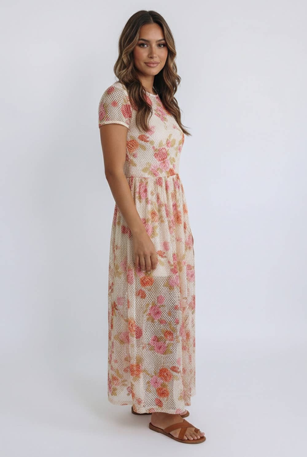 FLORAL PRINT NETTED LINED MIDI DRESS