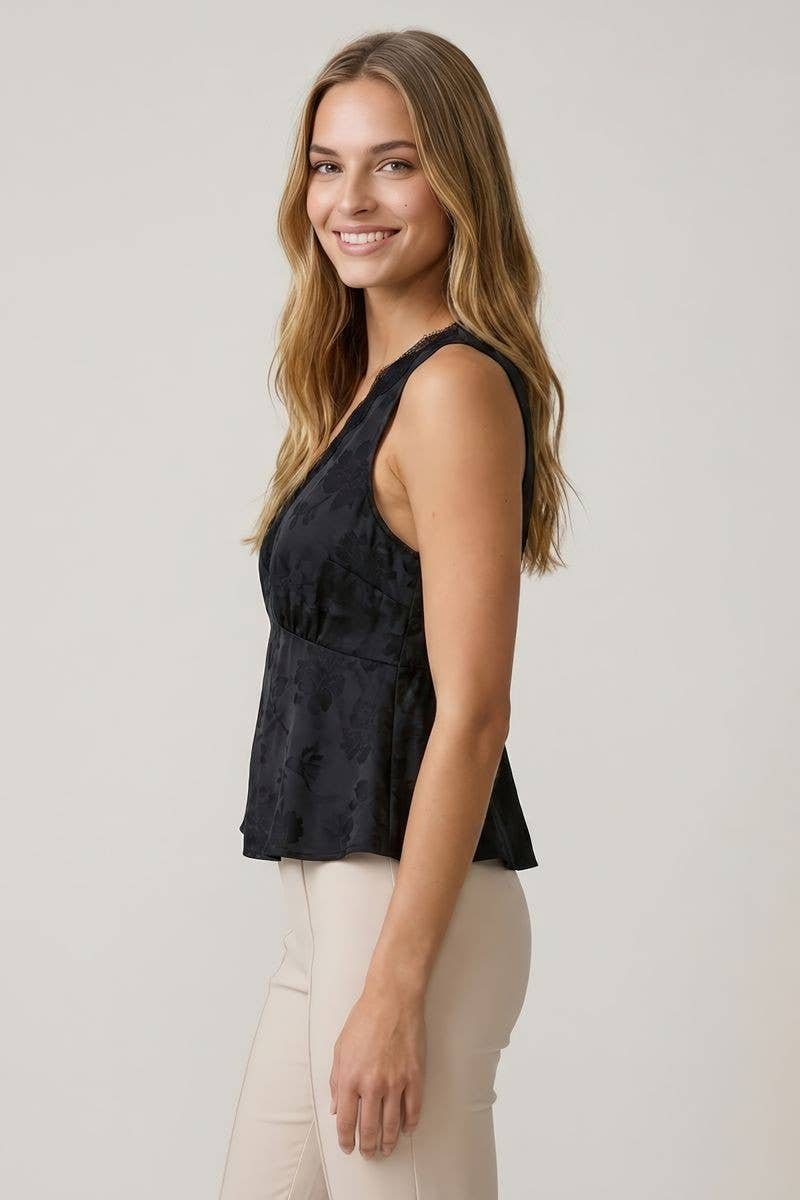 SATIN JACQUARD LACE TRIM TANK -
