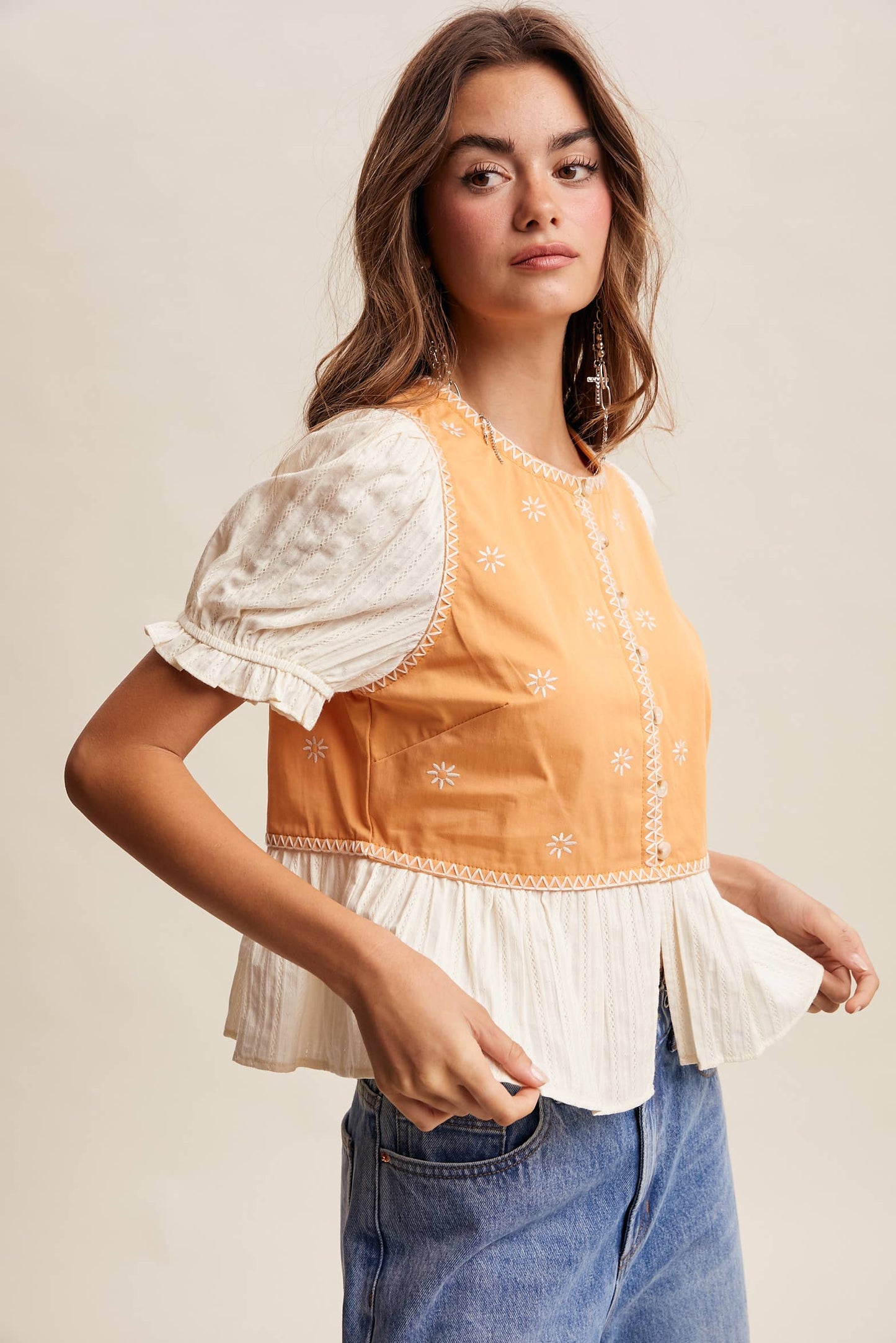 Embroidered Peplum Mixed-Media Top