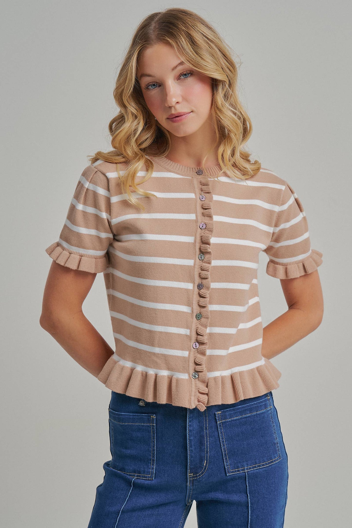 STRIPE KNITTED SWEATER BUTTON DOWN CARDIGAN TOP WITH RUFFLE
