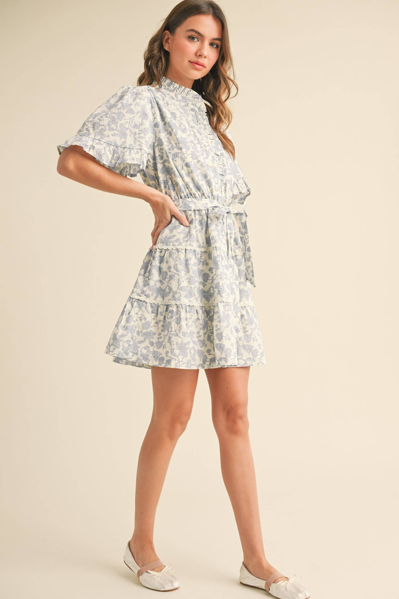 RUFFLED BUTTON DOWN FLORAL MINI DRESS MDR3578