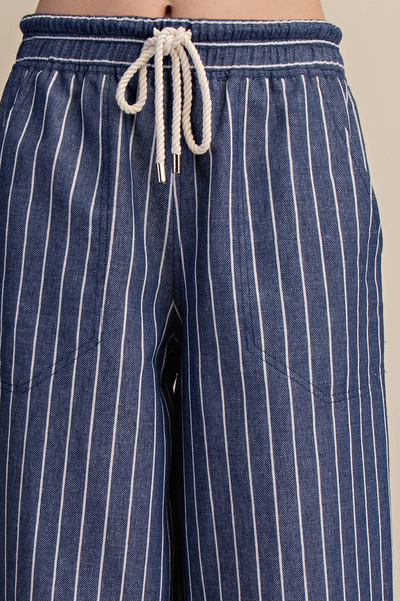 Drawstring Mid-Rise Stripe Wide Pants
