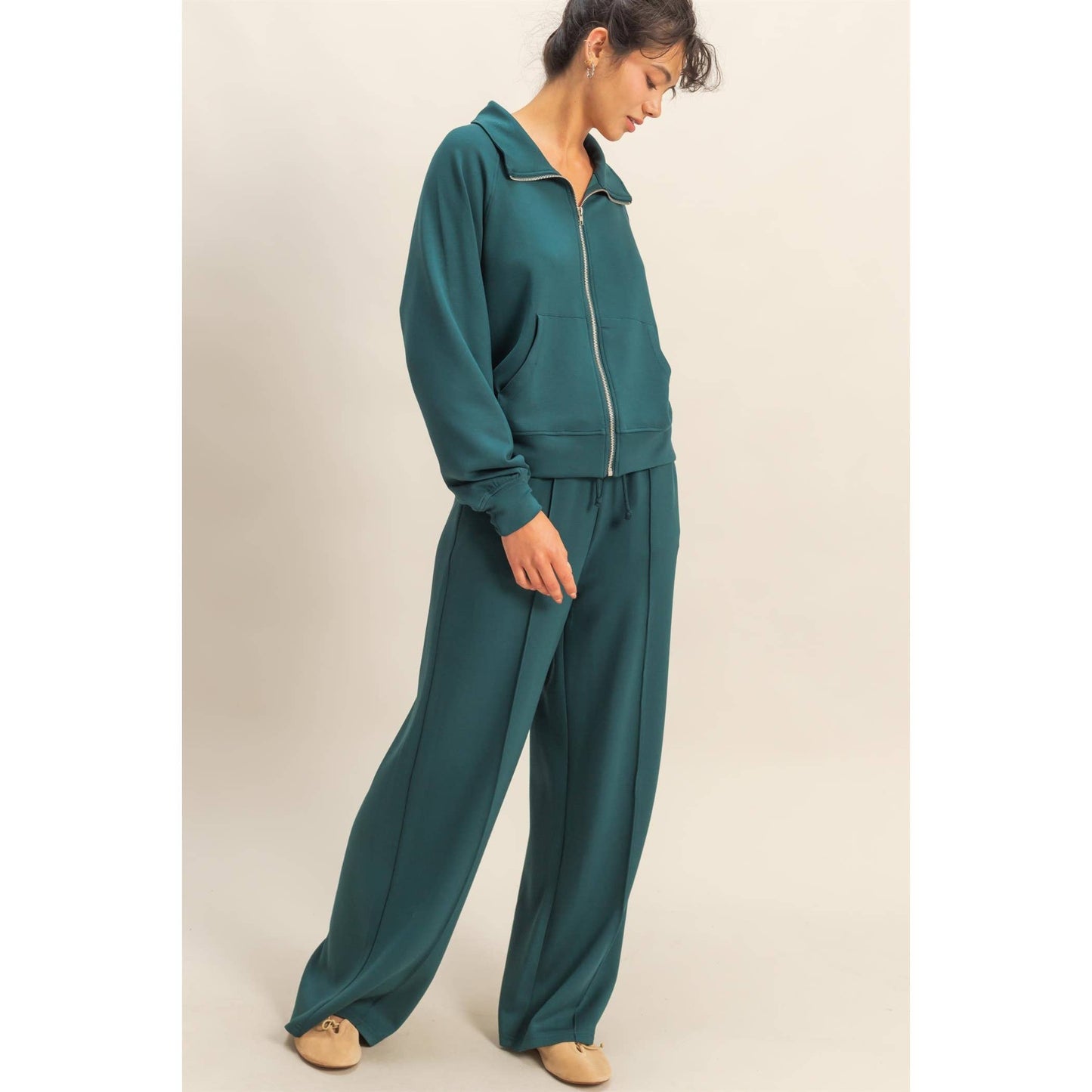 Scuba High-Waist Drawstring Pintuck Wide Leg Pants