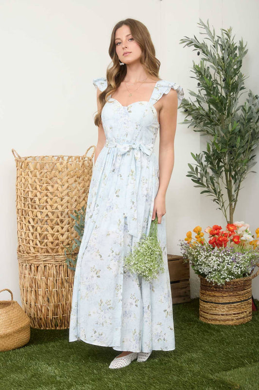 FLORAL WAIST TIE SIDE SLIT CORSET MAXI DRESS