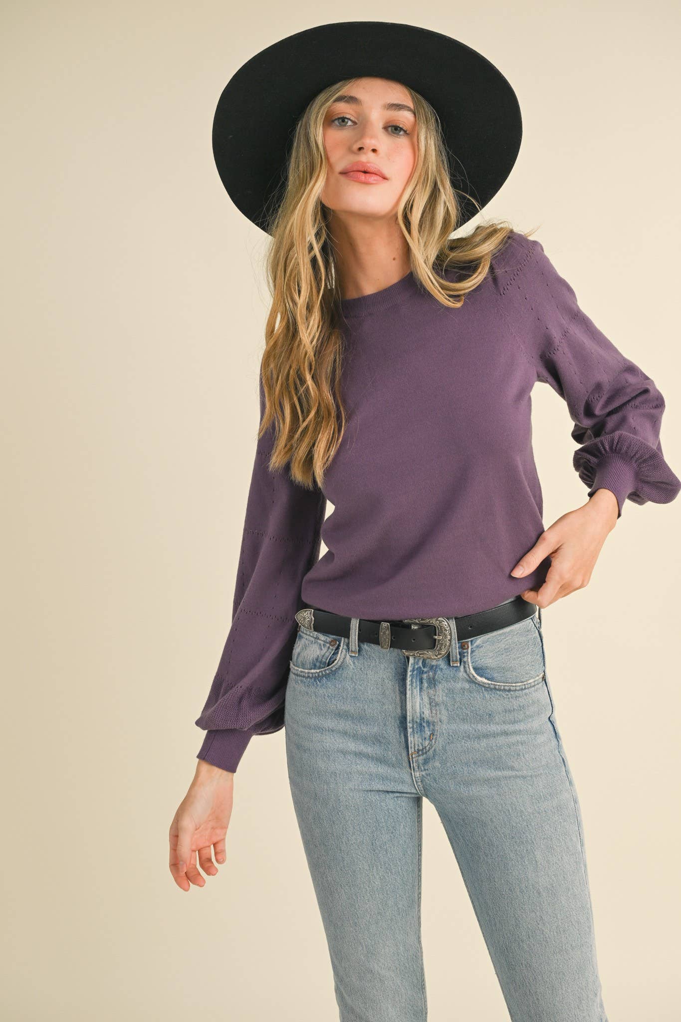 POINTELLE PUFF SLEEVE SWEATER MSW10115