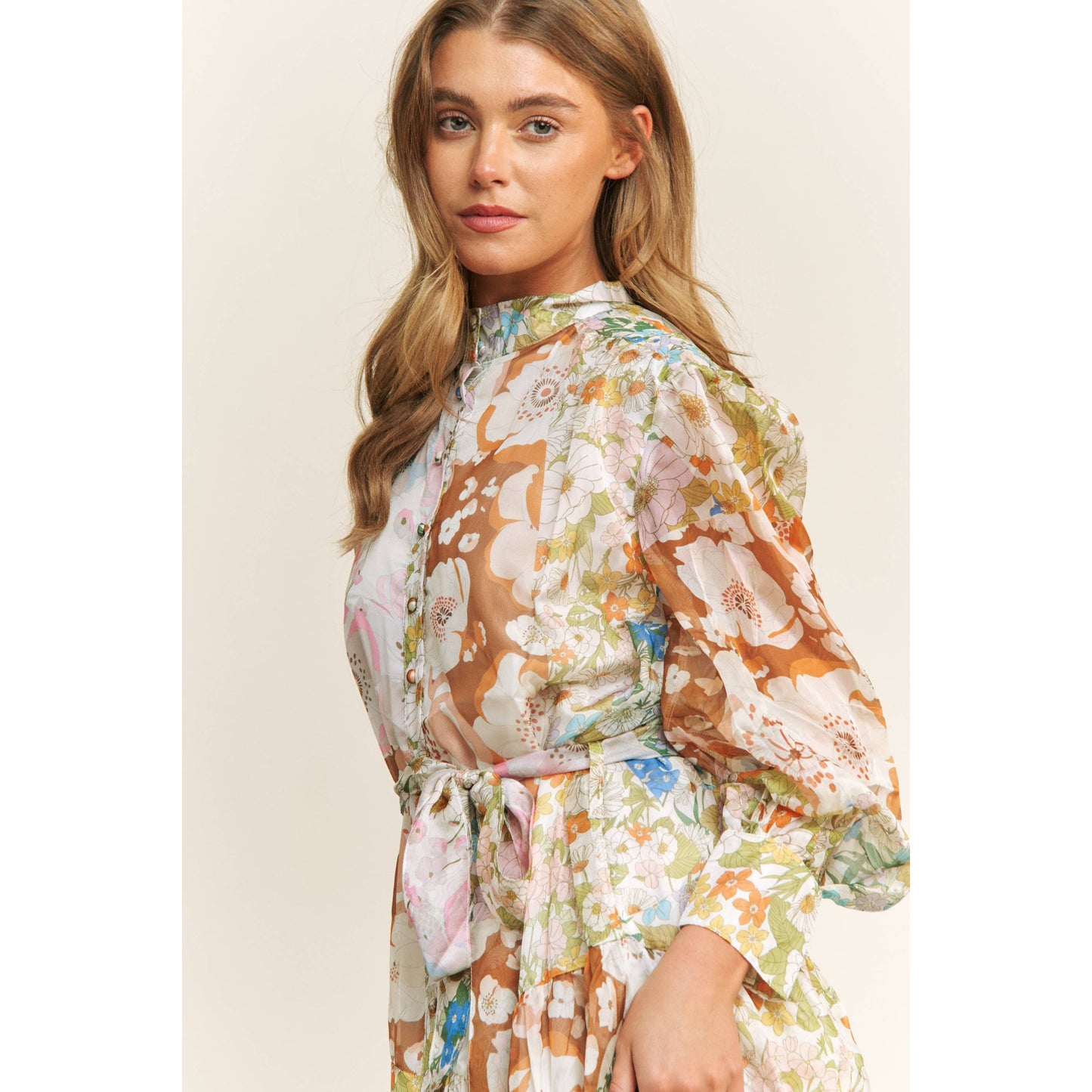 CHIFFONE FLORAL PRINT MINI SHIRT DRESS