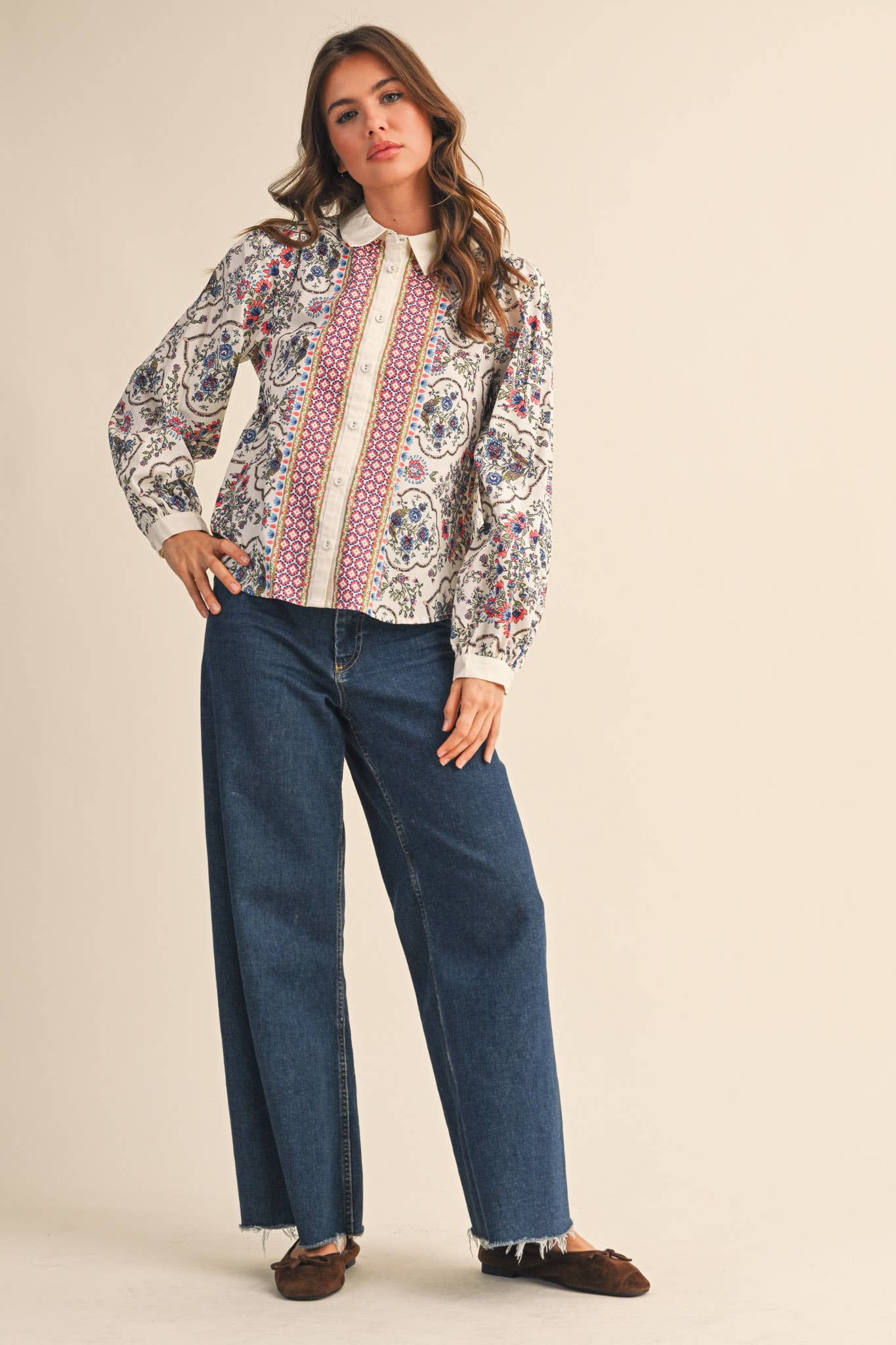 EXCLUSIVE FLORAL BORDER PRINT BUTTON UP TOP