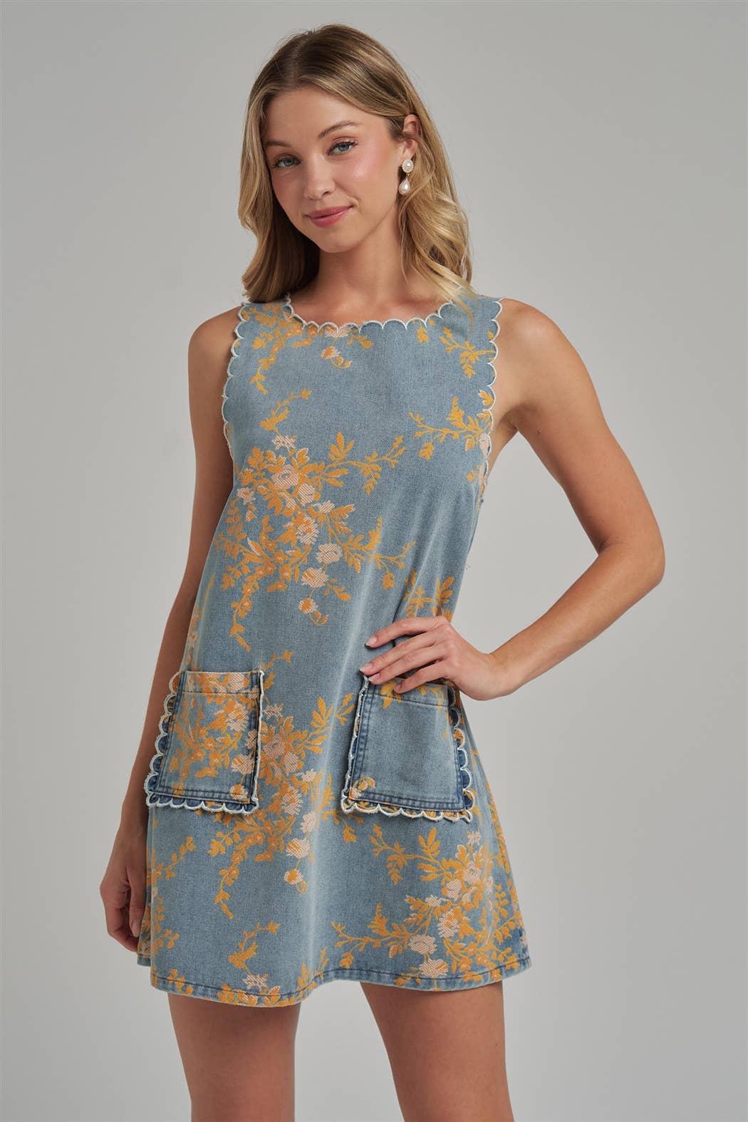 FLORAL DENIM MINI DRESS WITH SCALLOPED EMBROIDERY STITCHING