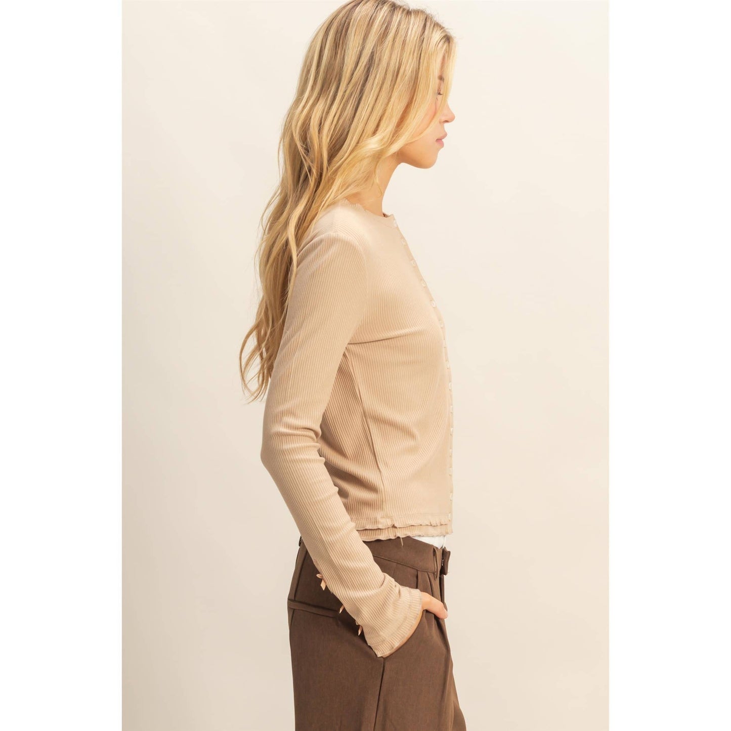Long Sleeve Ribbed Button Down Knit Top Khaki