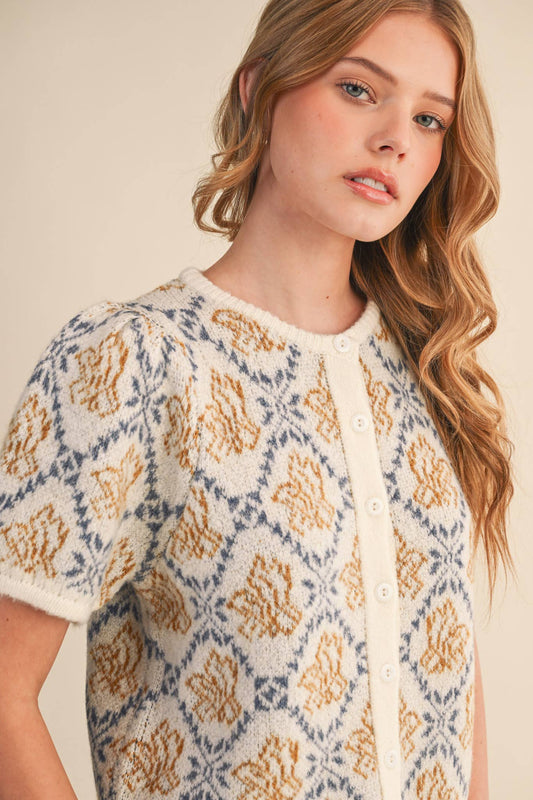 FLORAL SHORT SLEEVE SWEATER CARDIGAN Cream/Blue