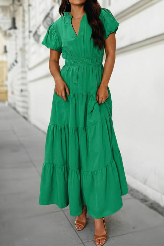 Solid V Neck Short Puff Sleeve Tiered Maxi Dress | S-XL