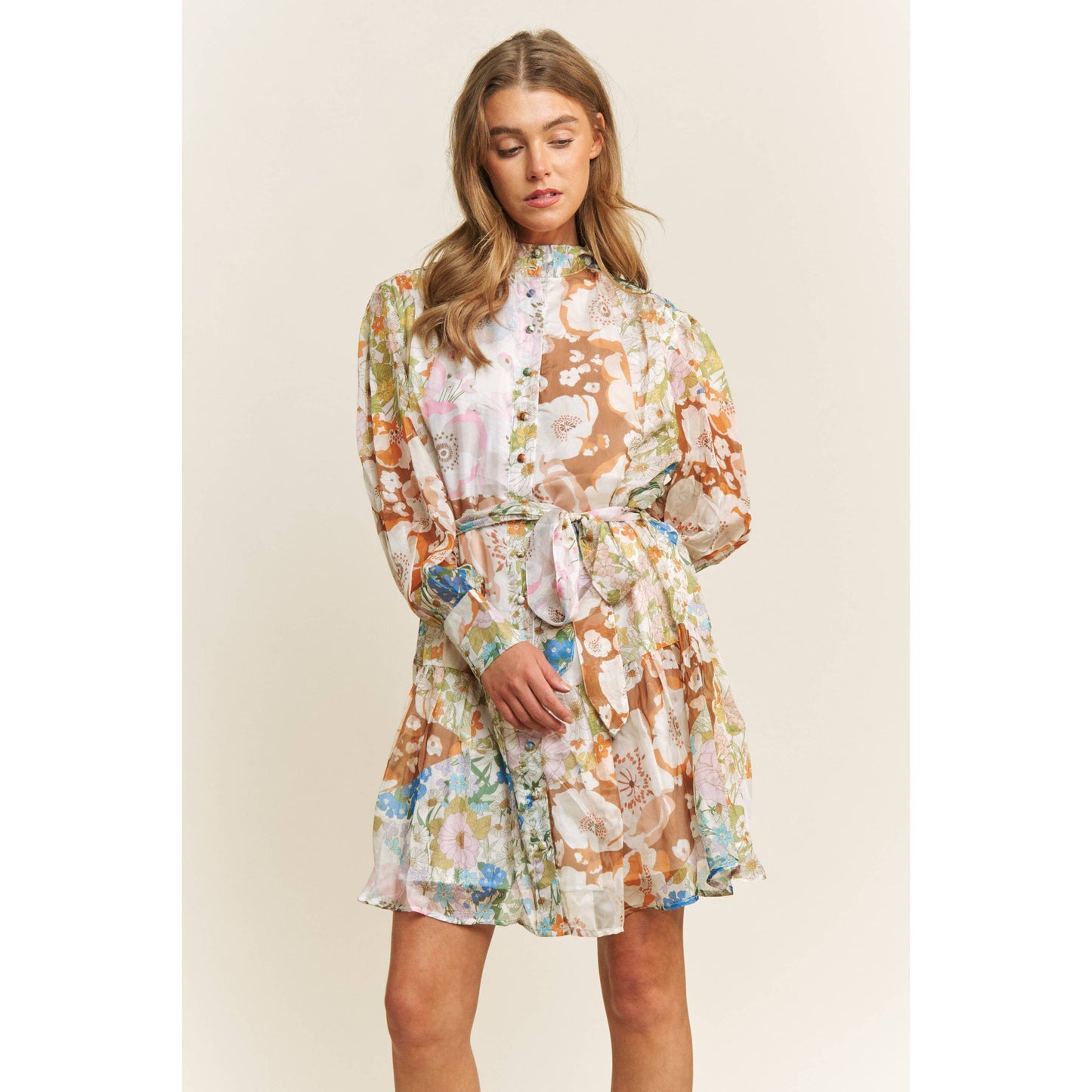 CHIFFONE FLORAL PRINT MINI SHIRT DRESS