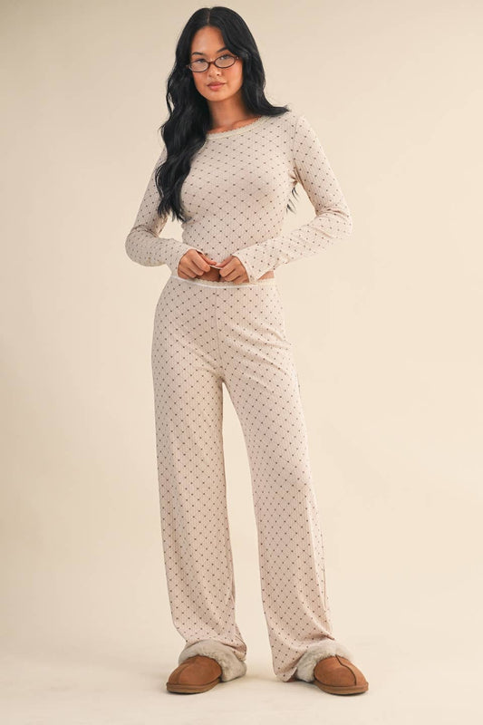 Heart Print Pointelle Lounge Set with Picot Lace Trim