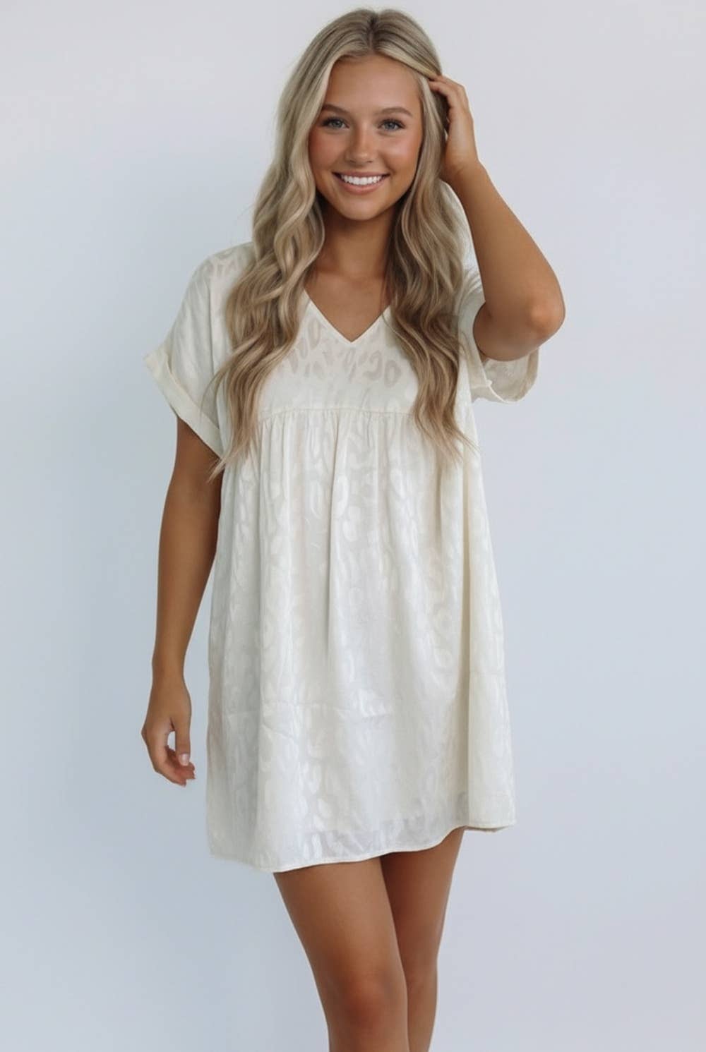 ANIMAL PRINT JACQUARD V NECK BABYDOLL DRESS