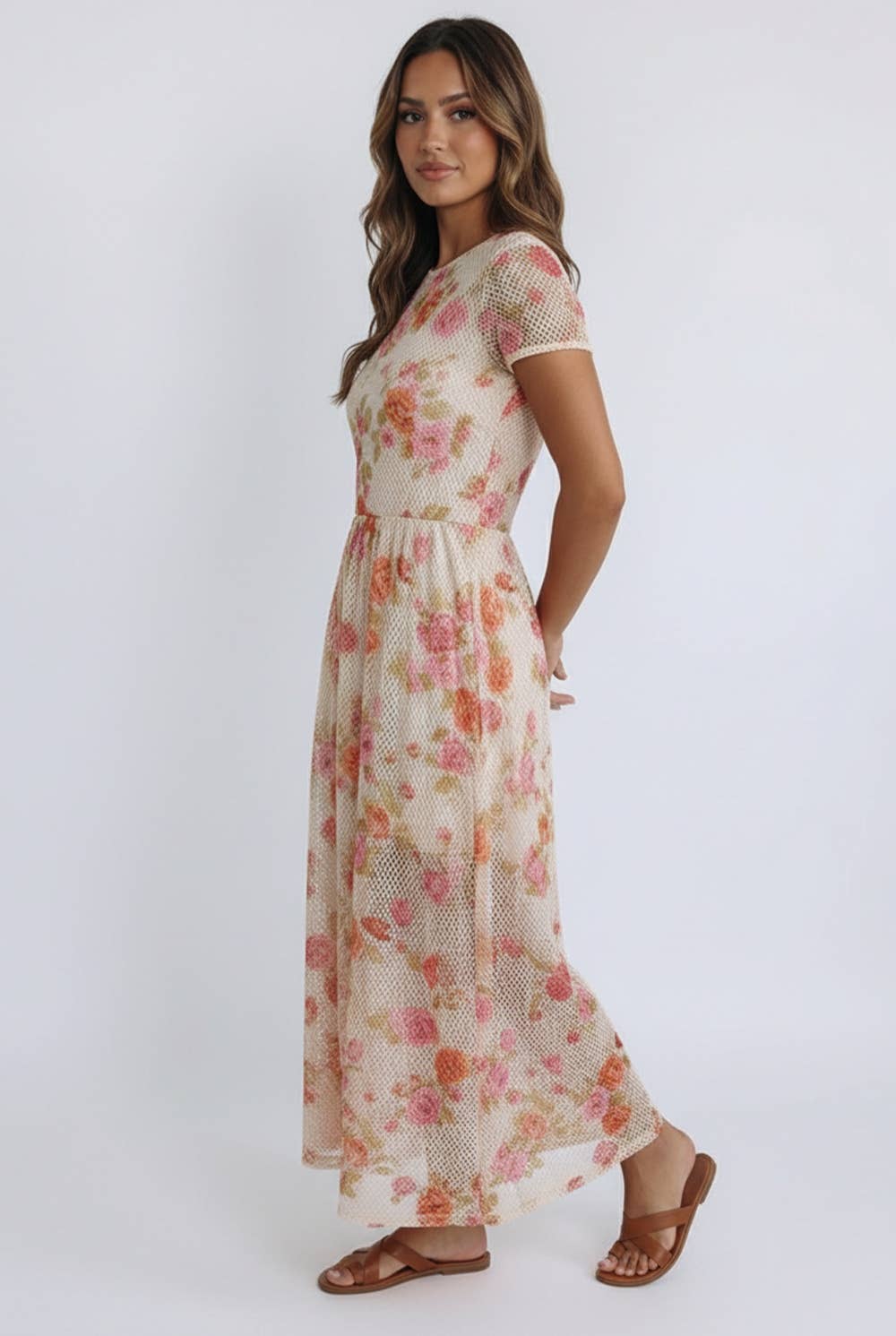 FLORAL PRINT NETTED LINED MIDI DRESS