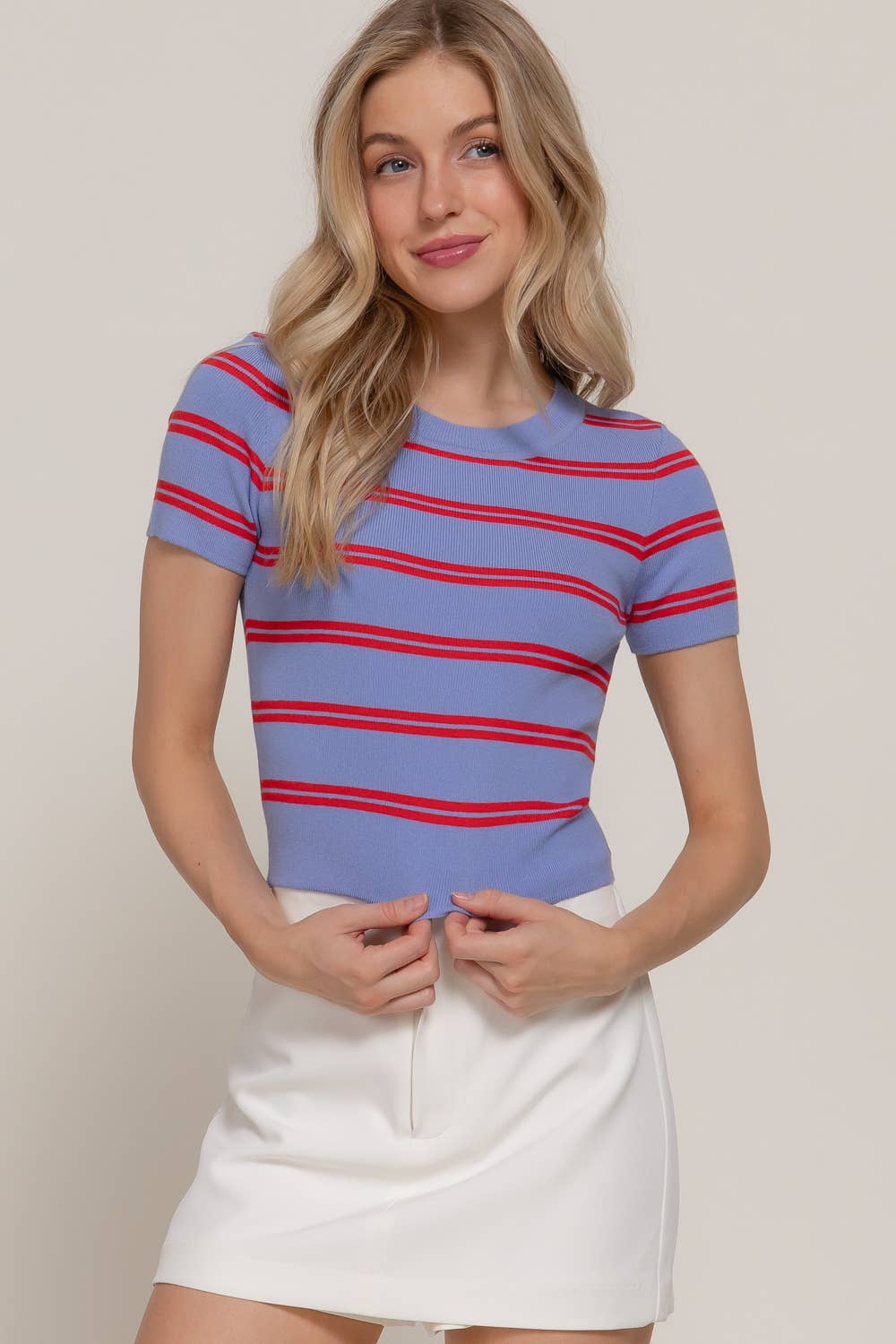 Short Sleeve Crew Neck Striped Sweater