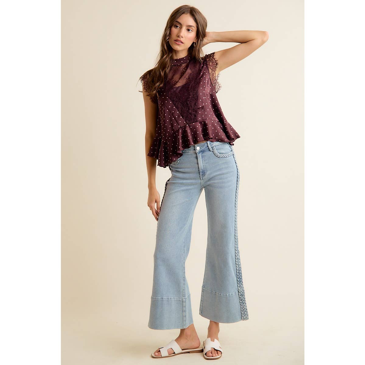 POLKA DOT LACE TRIM RUFFLED NECK BLOUSE